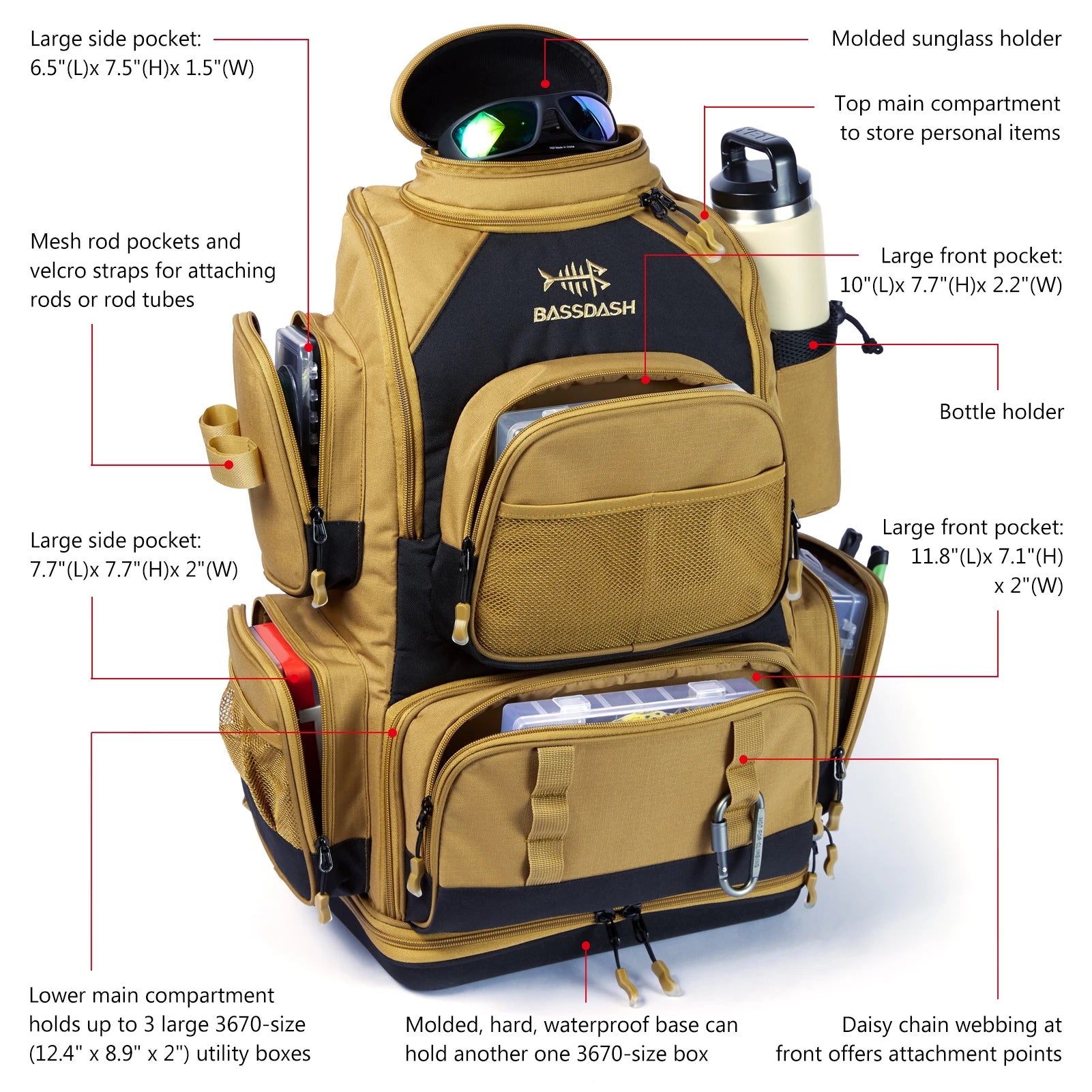 Mochila táctica verde militar Bassdash para pesca, bolsa de hombro con funda protectora para lluvia SD2