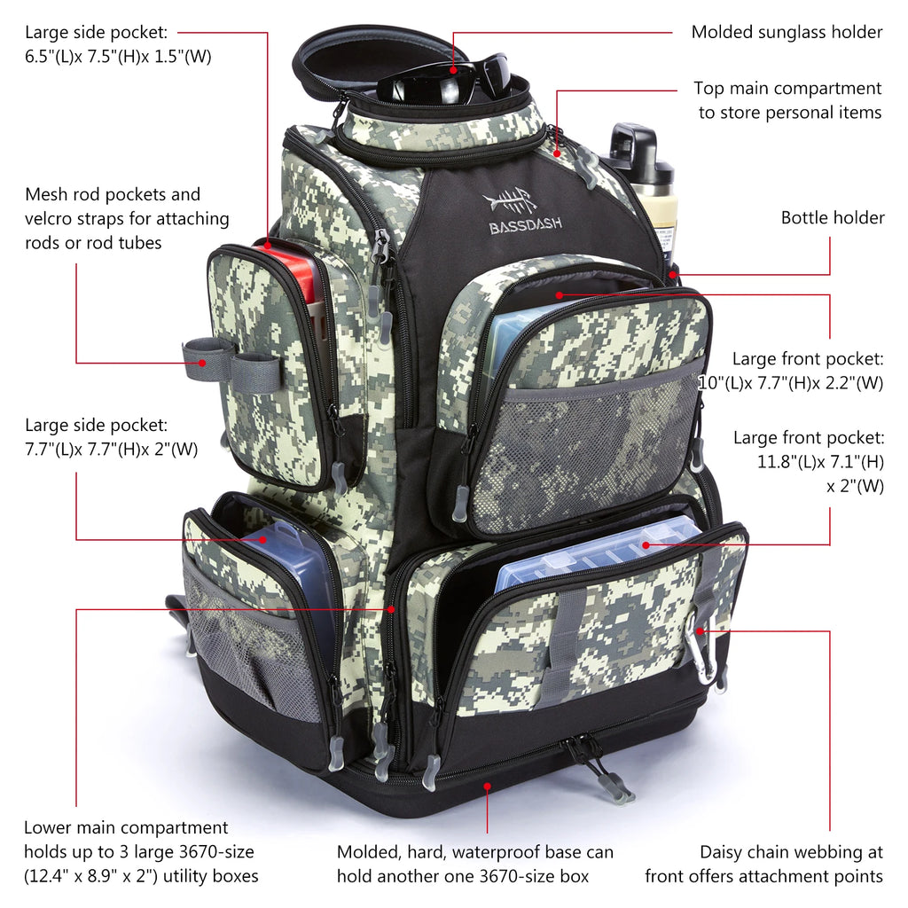Mochila táctica verde militar Bassdash para pesca, bolsa de hombro con funda protectora para lluvia SD2