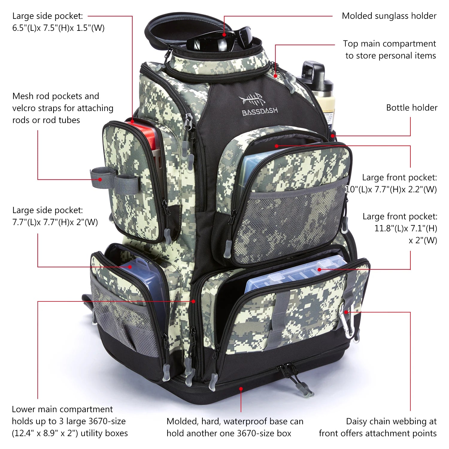 Mochila táctica verde militar Bassdash para pesca, bolsa de hombro con funda protectora para lluvia SD2