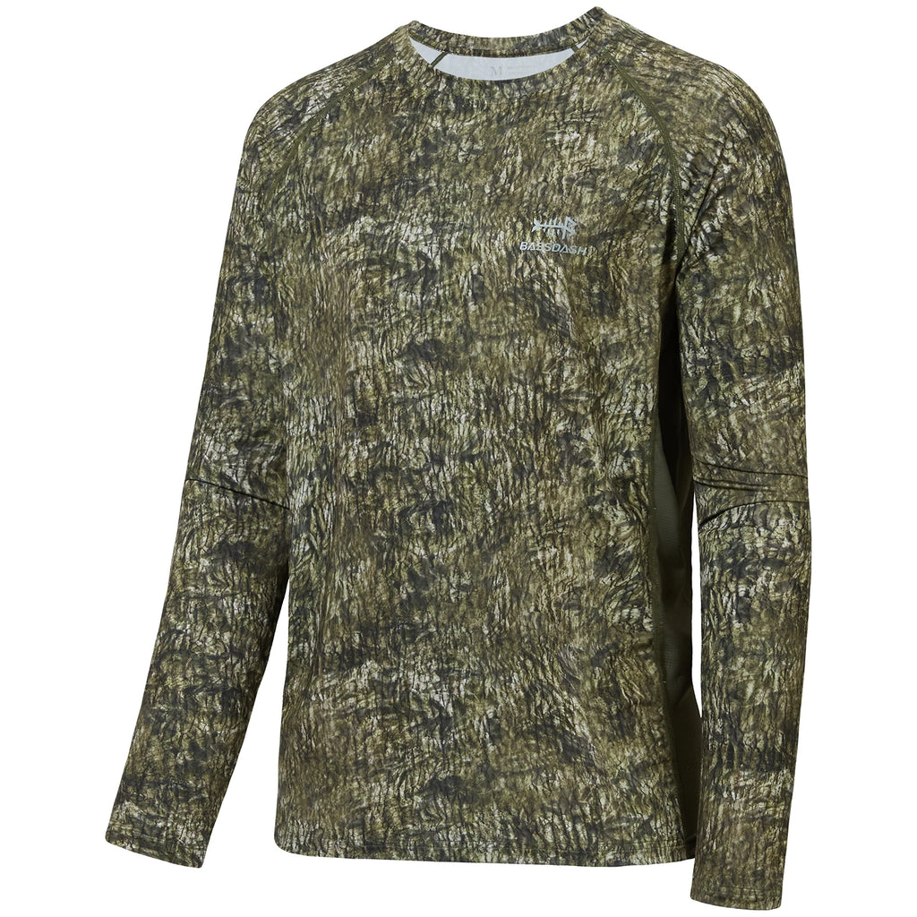 Camisa de manga larga Bassdash para hombre, de camuflaje para caza, rendimiento para pesca, sudadera con camuflaje, musgo, madera, juncos, bosque SD1