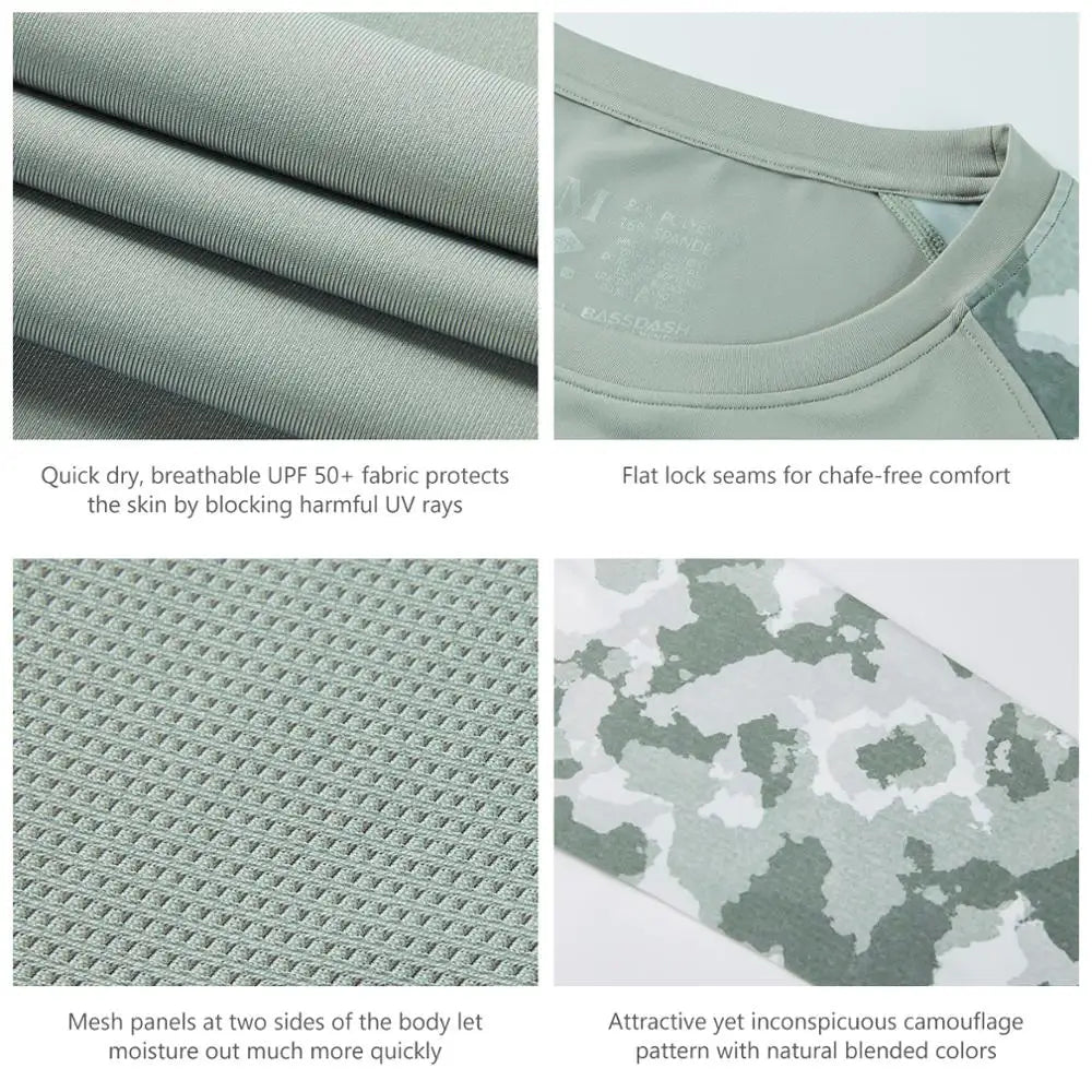 Camiseta de pesca Bassdash UPF 50 para hombre, camisa de manga larga de camuflaje, sudadera de secado rápido