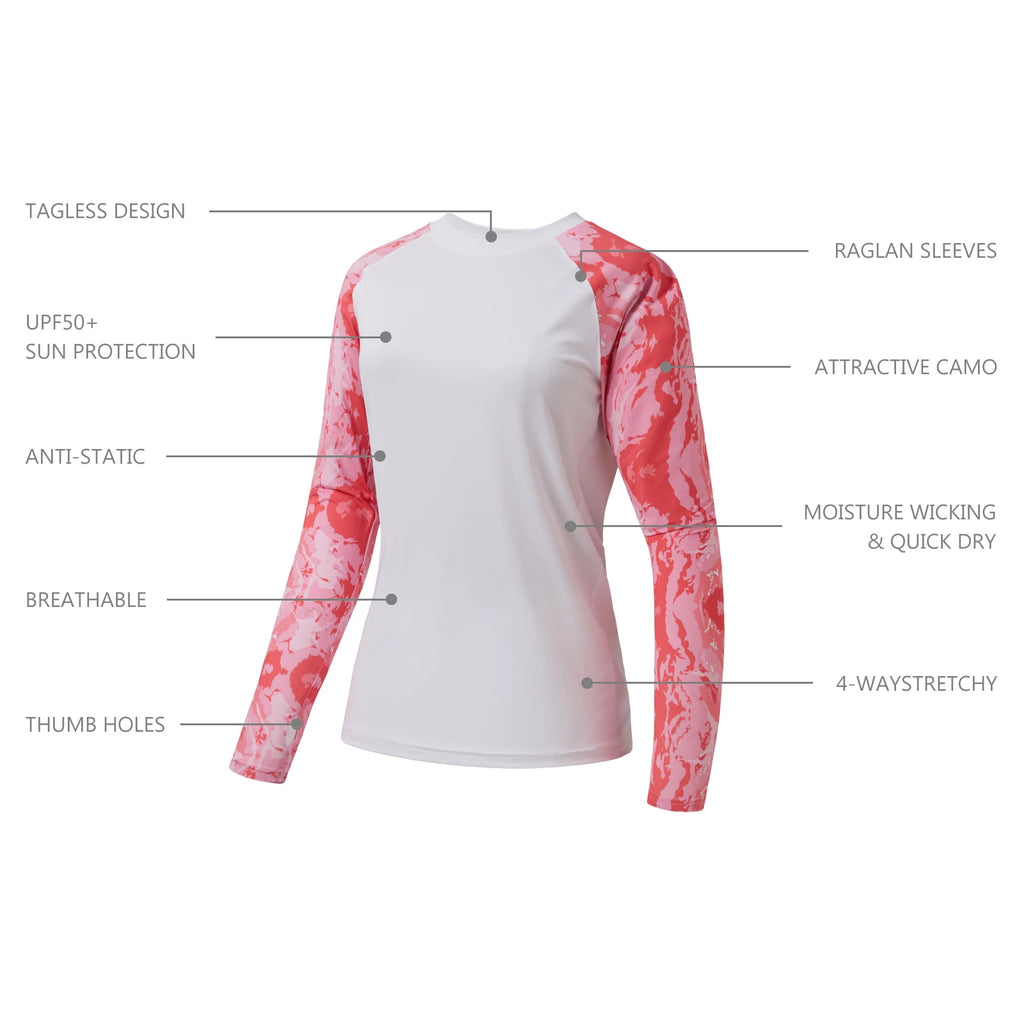 Camiseta Bassdash para mujer con protección solar UPF 50+ UV, manga larga, camuflaje, ideal para pesca y senderismo
