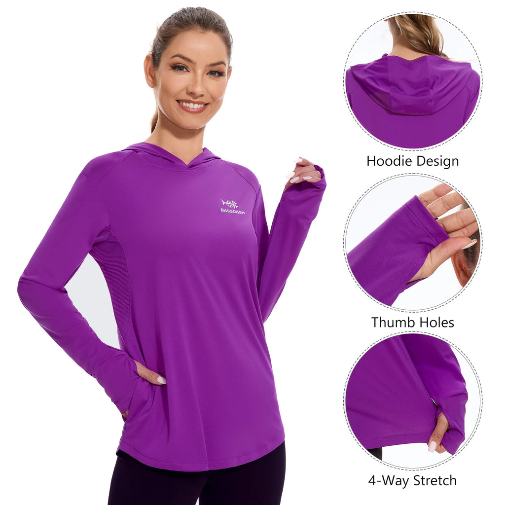 BASSDASH - Sudadera ligera de pesca con capucha y bolsillo para mujer, con protección solar UPF 50+, manga larga
