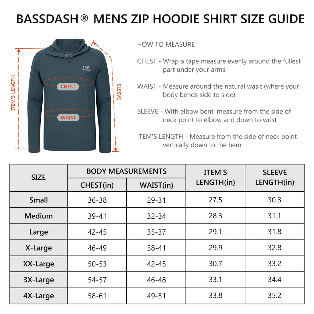 BASSDASH Men’s 1/4 Zip Fishing Hoodie Shirt UPF 50+ Quick Dry Performance Long Sleeve Sun Protection FS24M