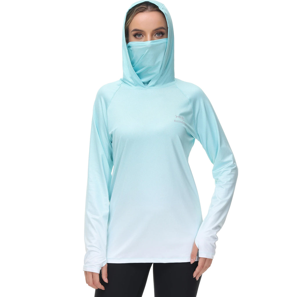 Sudadera con capucha de pesca Bassdash para mujer con protección solar UPF 50+ y orificios para los pulgares para la mascarilla