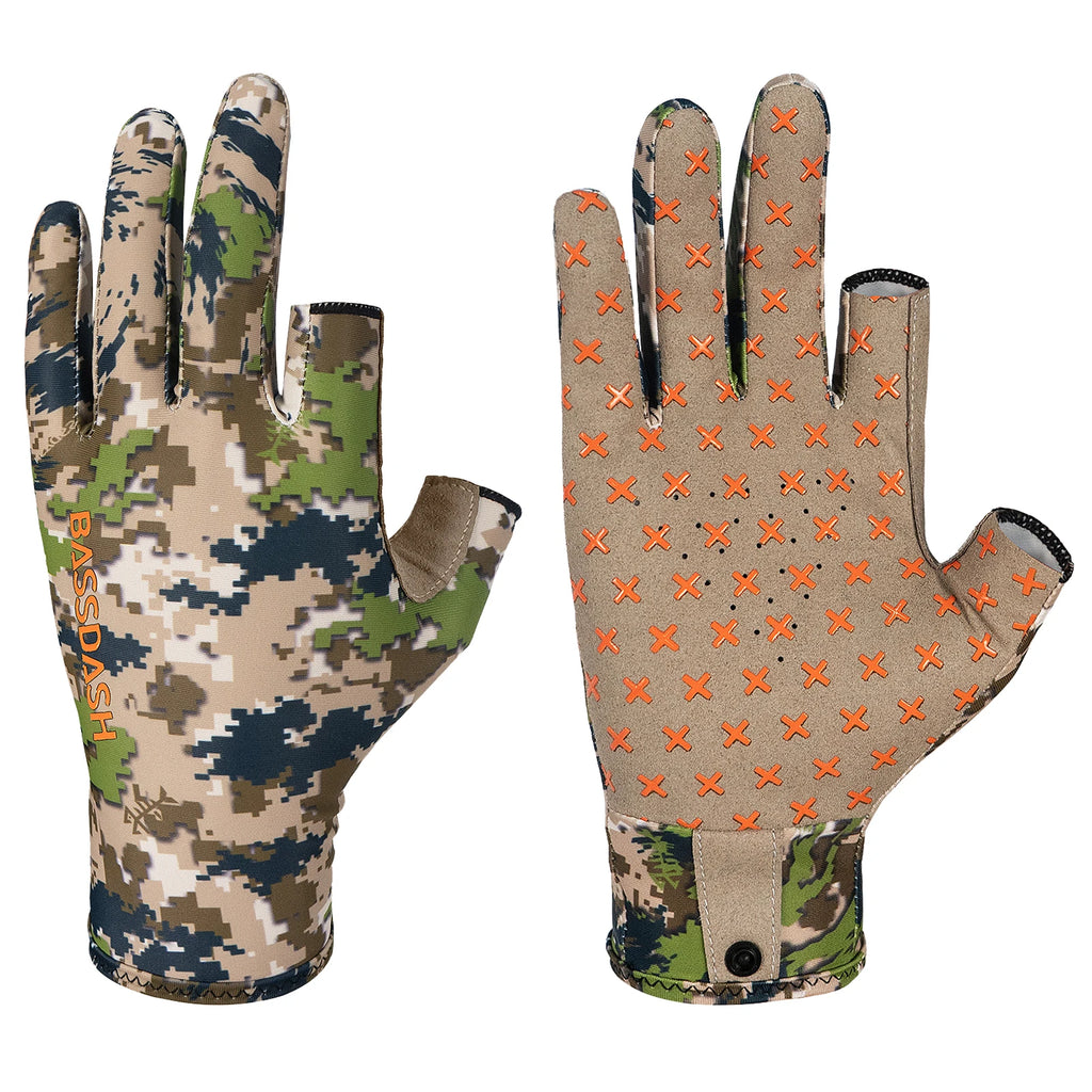 Guantes de caza unisex sin dedos BASSDASH con camuflaje para hombre y mujer, para clima cálido, pesca, UPF 50+