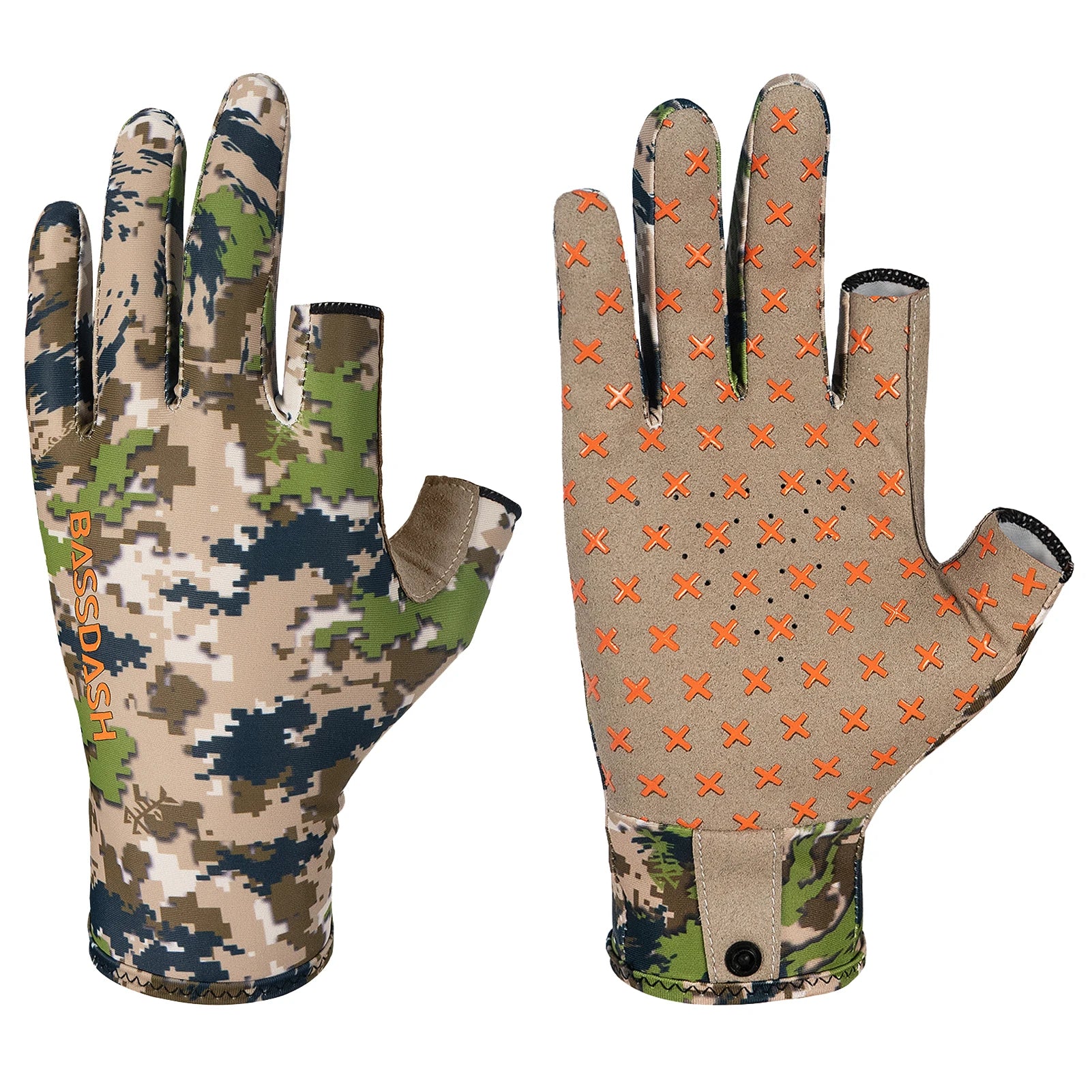 Guantes de caza unisex sin dedos BASSDASH con camuflaje para hombre y mujer, para clima cálido, pesca, UPF 50+