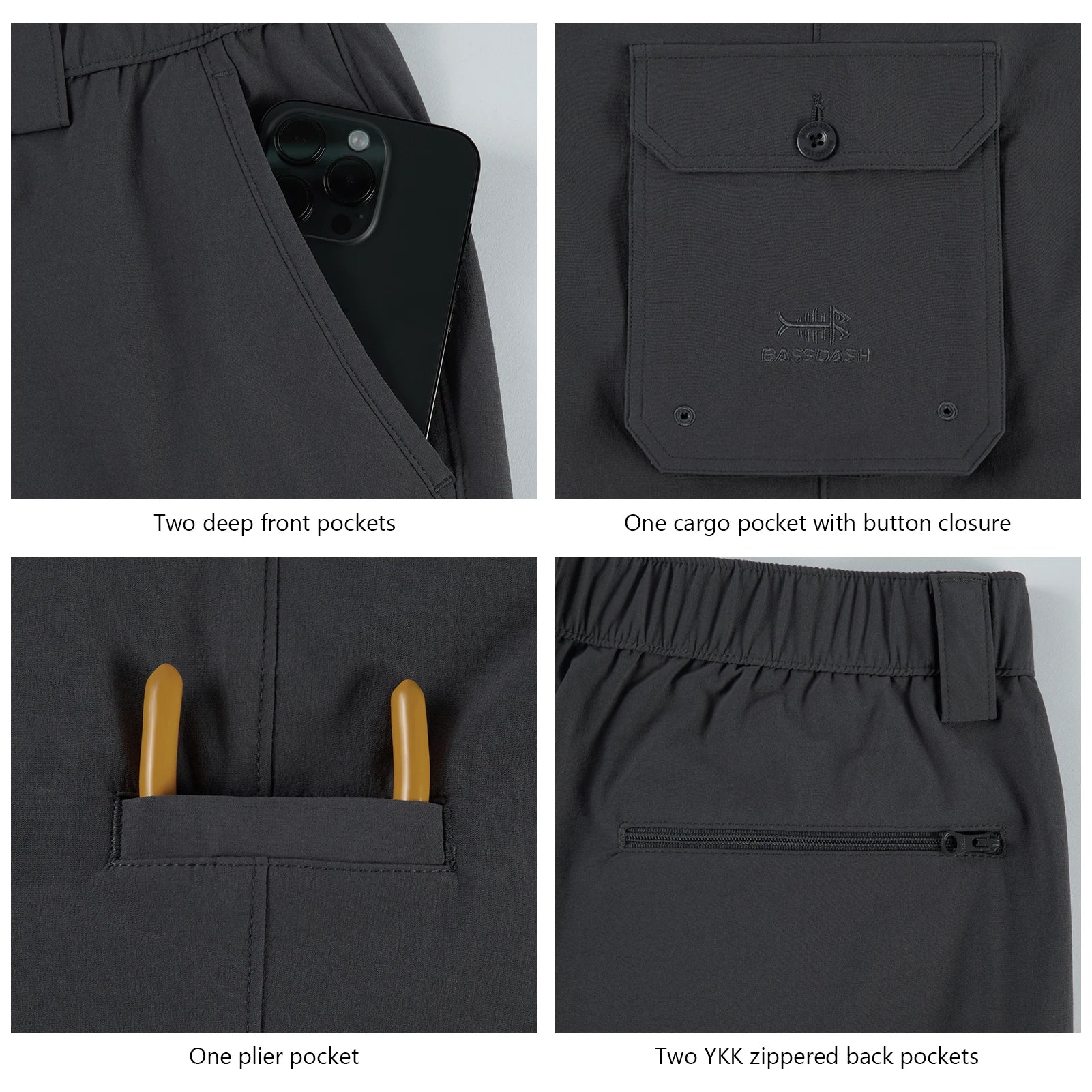 Pantalones cargo de pesca para hombre BASSDASH, resistentes al agua, de secado rápido, ligeros, UPF 50+ para senderismo al aire libre, cintura elástica