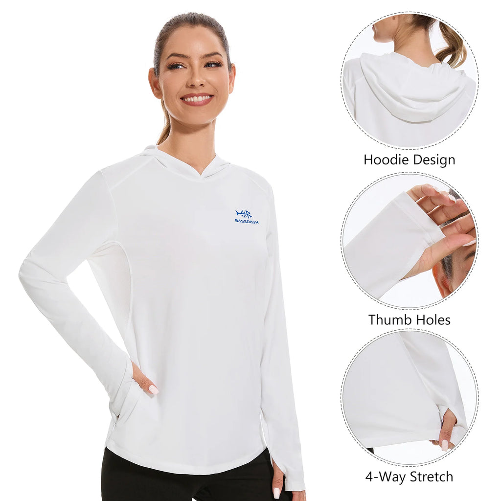 BASSDASH - Sudadera ligera de pesca con capucha y bolsillo para mujer, con protección solar UPF 50+, manga larga