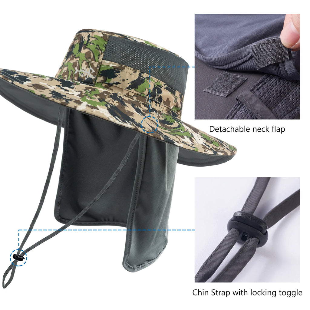 Bassdash - Sombrero de pesca desmontable con protección solar UPF 50+, resistente al agua y con solapa de cuello desmontable, ideal para senderismo y acampada