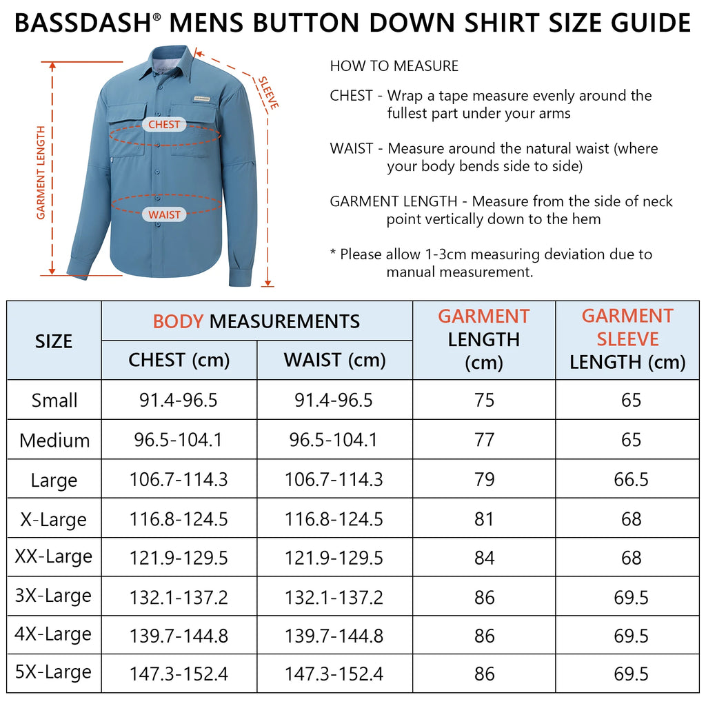 BASSDASH Men's UPF 50 Long Sleeve Fishing Button Down Shirt Performance Quick Dry FS21M