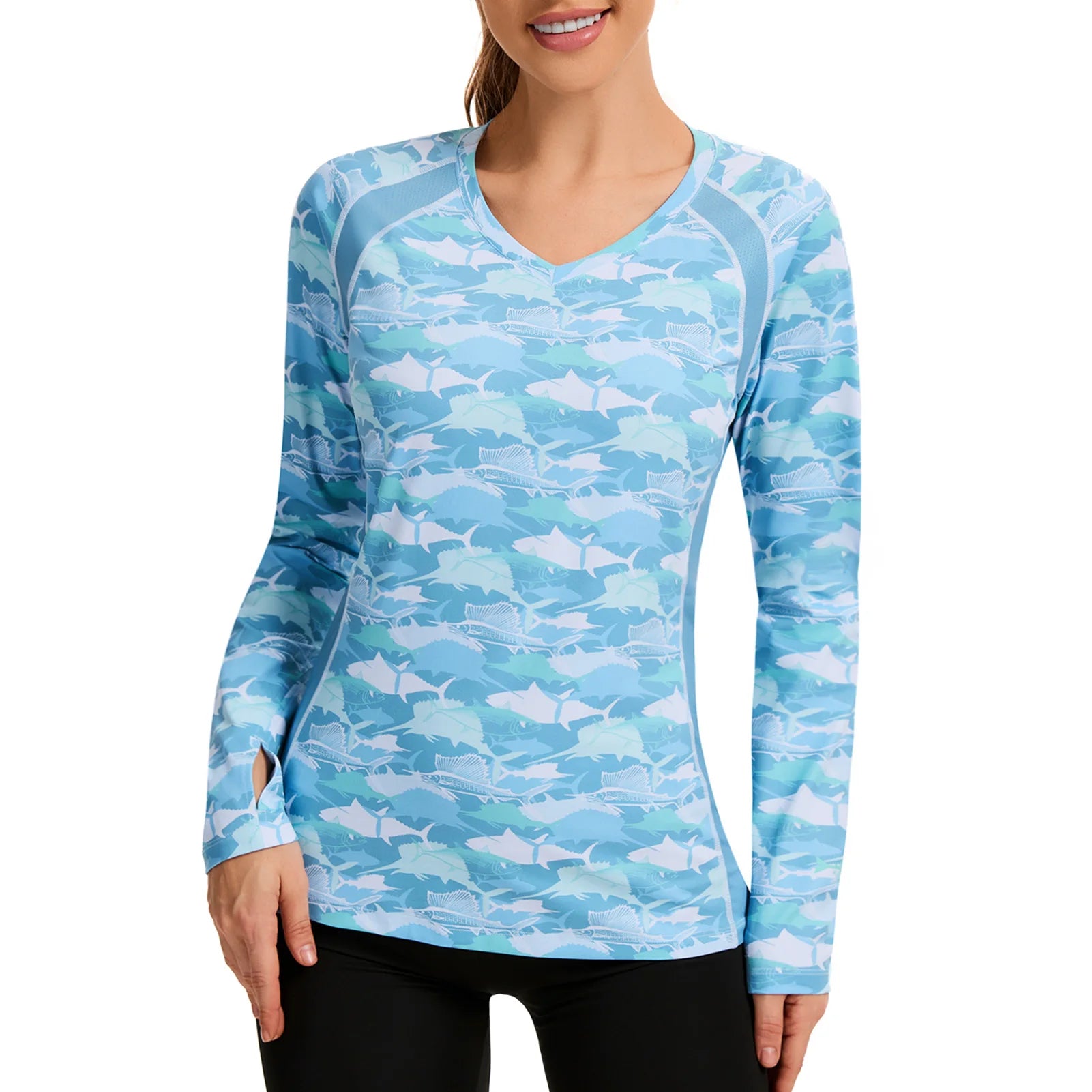 BASSDASH - Camiseta de pesca antiarrugas para mujer, con protección solar UPF 50+, cuello en V, transpirable, para senderismo