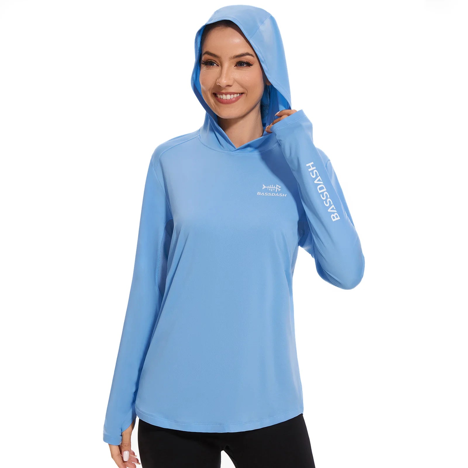 BASSDASH - Sudadera ligera de pesca con capucha y bolsillo para mujer, con protección solar UPF 50+, manga larga