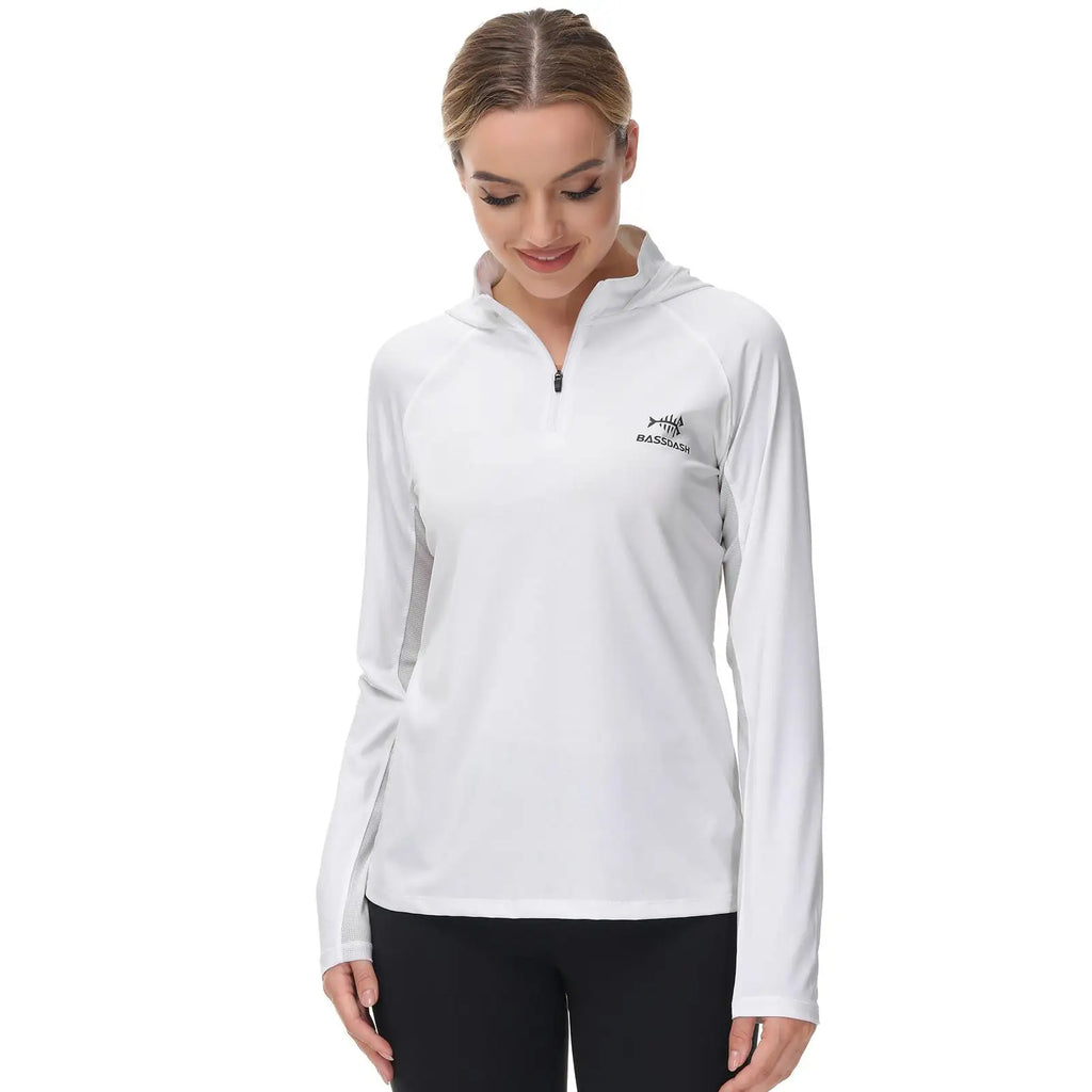 Camiseta Bassdash de manga larga con capucha y media cremallera para mujer, con protección UV UPF 50+, ideal para pesca y senderismo