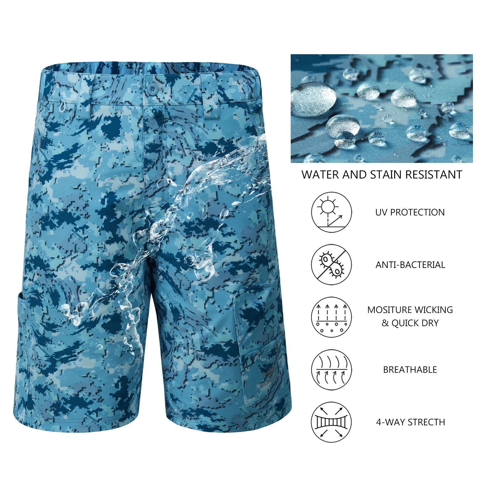 Pantalones cortos de pesca Bassdash para hombre, resistentes al agua, con bolsillos con cremallera, de secado rápido, de camuflaje, tácticos, para golf y senderismo