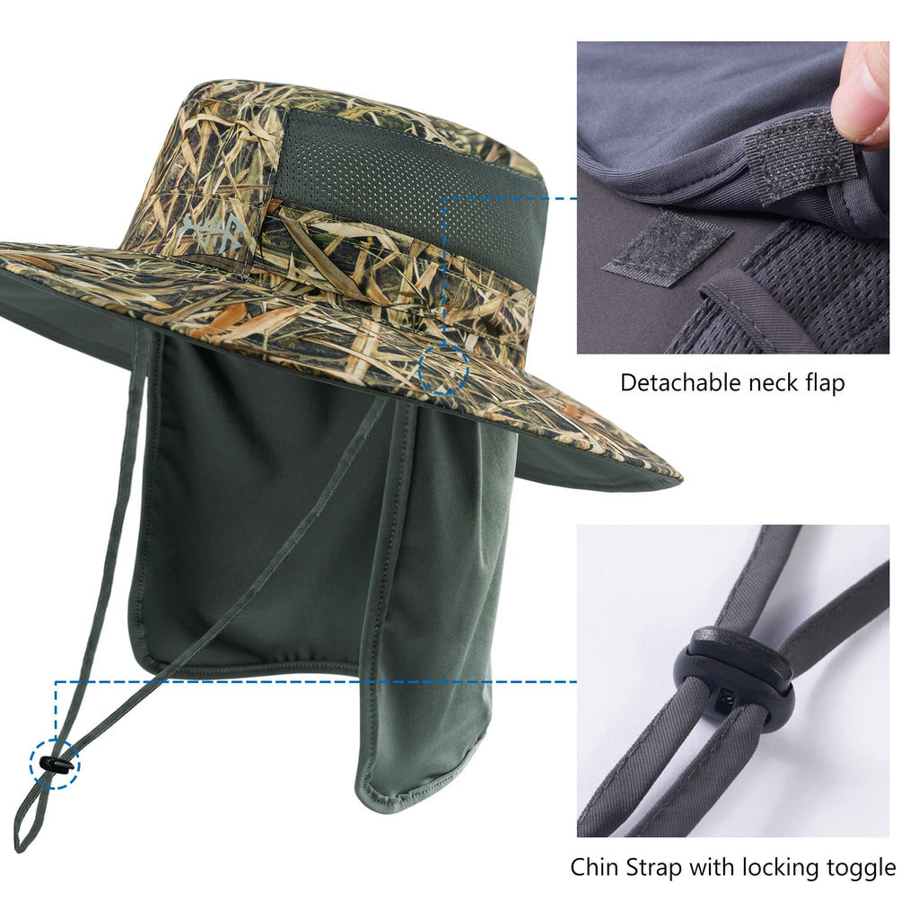 Bassdash - Sombrero de pesca desmontable con protección solar UPF 50+, resistente al agua y con solapa de cuello desmontable, ideal para senderismo y acampada