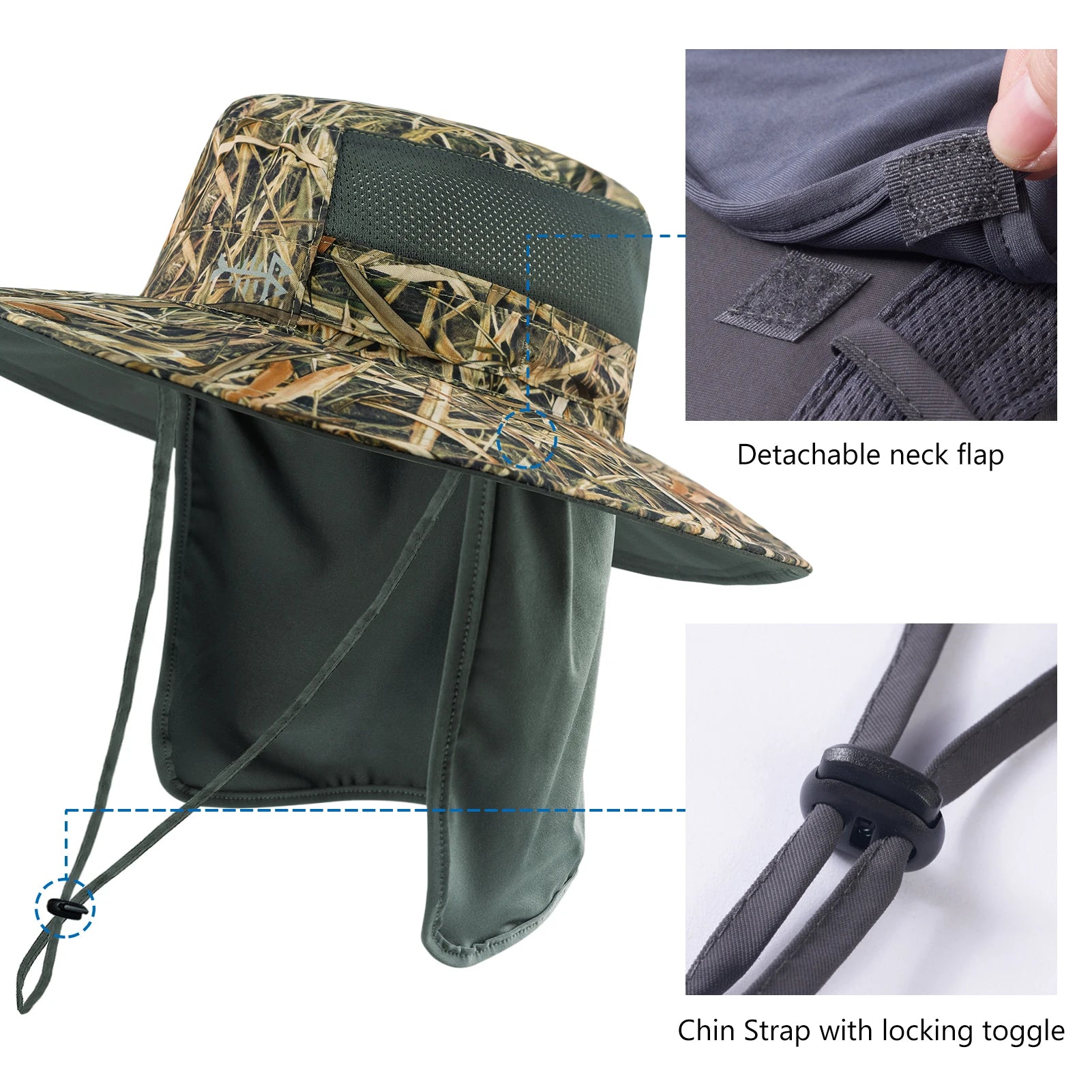 Bassdash - Sombrero de pesca desmontable con protección solar UPF 50+, resistente al agua y con solapa de cuello desmontable, ideal para senderismo y acampada