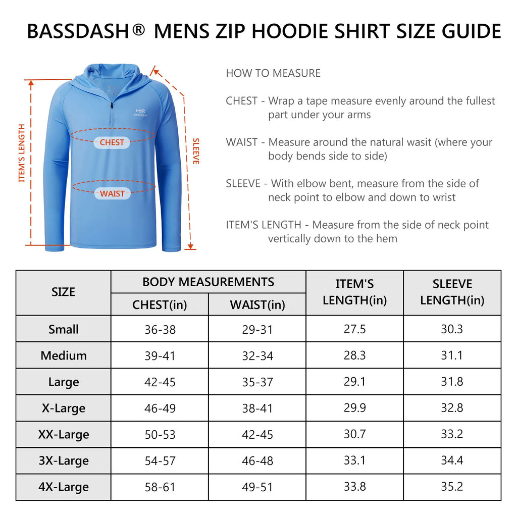 BASSDASH Men’s 1/4 Zip Fishing Hoodie Shirt UPF 50+ Quick Dry Performance Long Sleeve Sun Protection FS24M