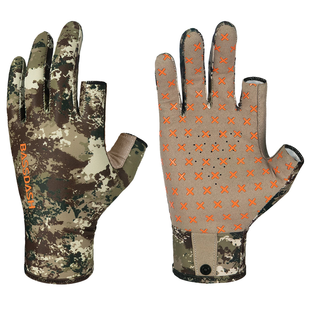 Guantes de caza unisex sin dedos BASSDASH con camuflaje para hombre y mujer, para clima cálido, pesca, UPF 50+