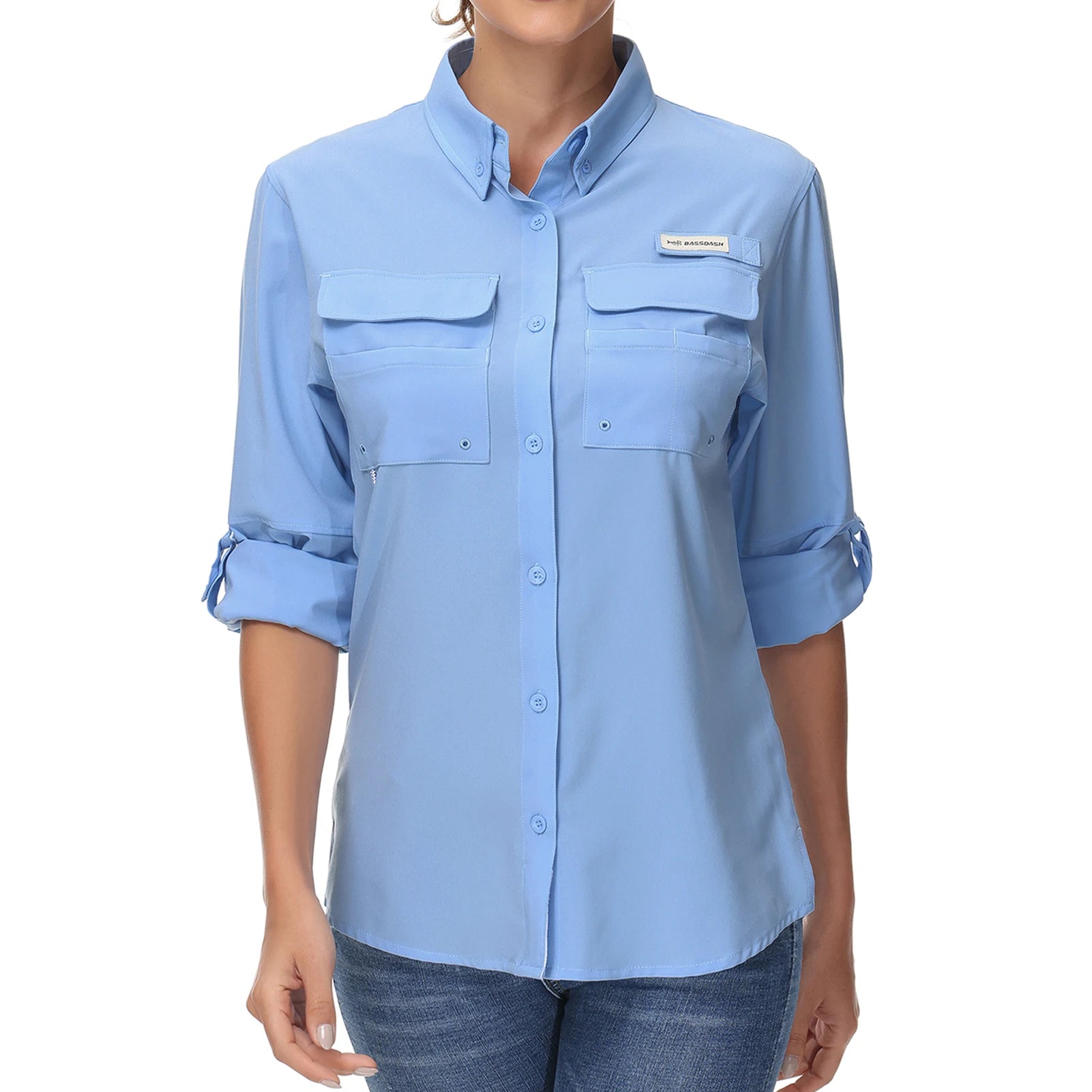 BASSDASH Camisa de pesca de manga larga para mujer, lisa, con botones, multibolsillos, transpirable, de secado rápido, UPF 50, prenda exterior superior
