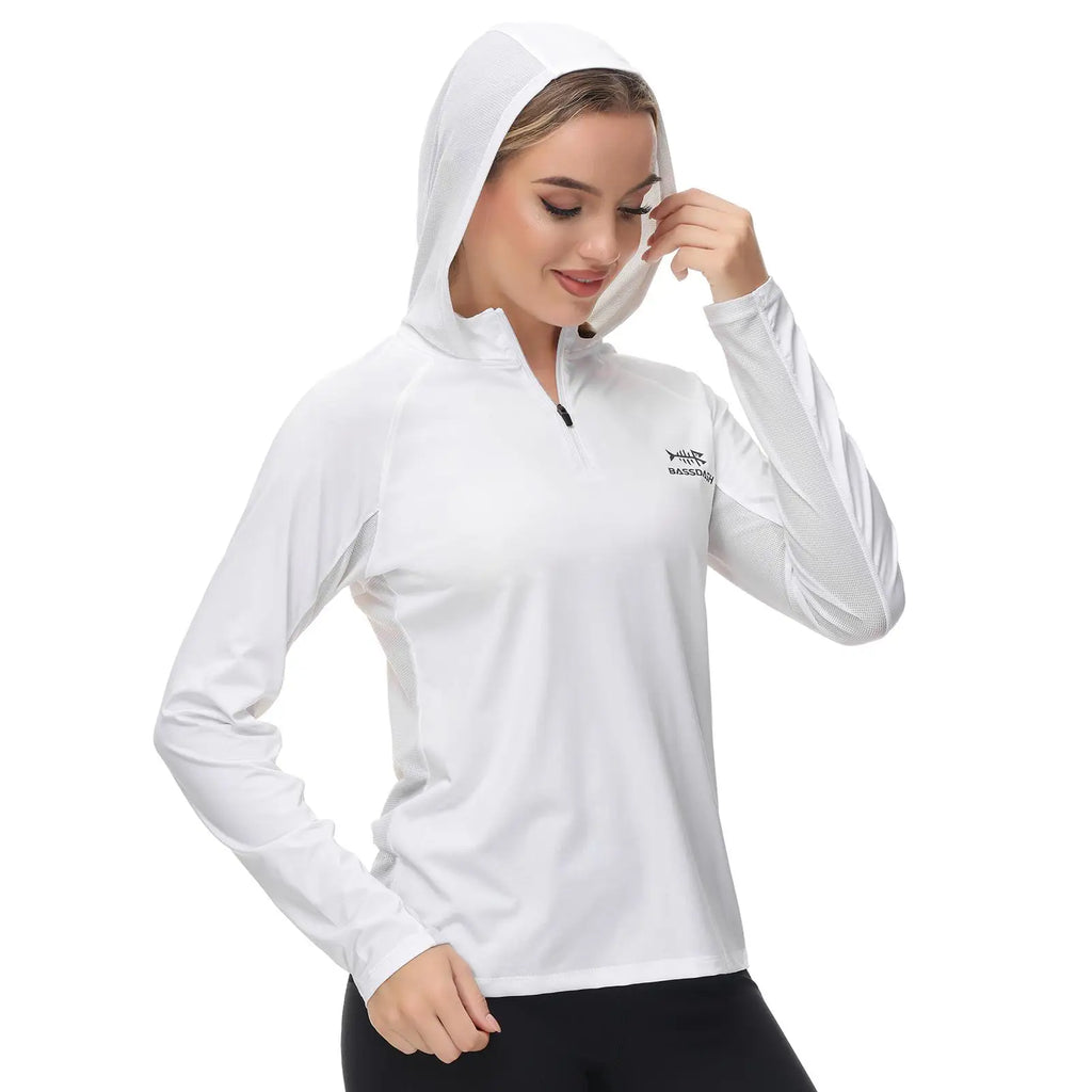 Camiseta Bassdash de manga larga con capucha y media cremallera para mujer, con protección UV UPF 50+, ideal para pesca y senderismo