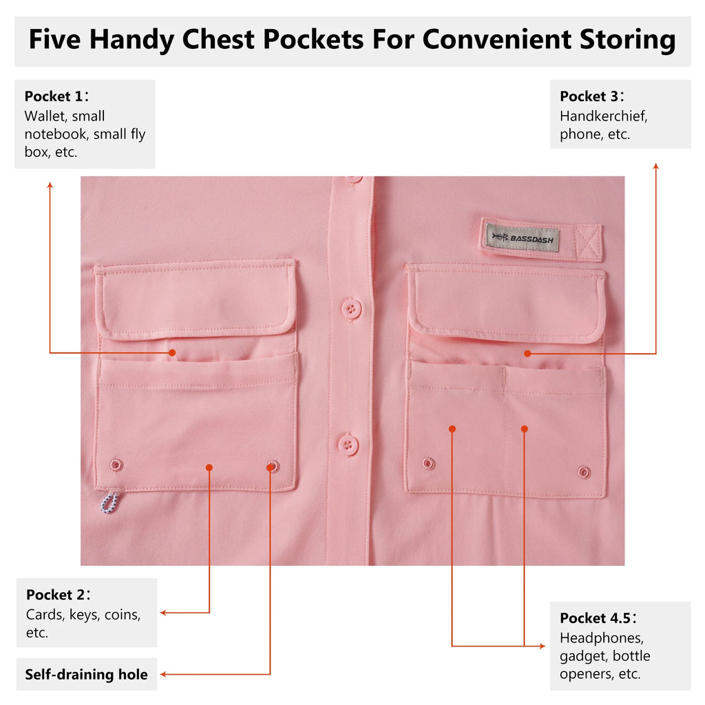 BASSDASH Camisa de pesca de manga larga para mujer, lisa, con botones, multibolsillos, transpirable, de secado rápido, UPF 50, prenda exterior superior