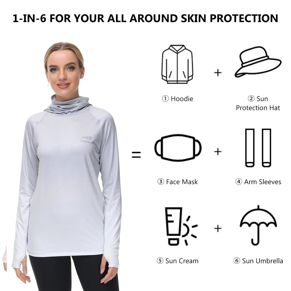 Sudadera con capucha de pesca Bassdash para mujer con protección solar UPF 50+ y orificios para los pulgares para la mascarilla