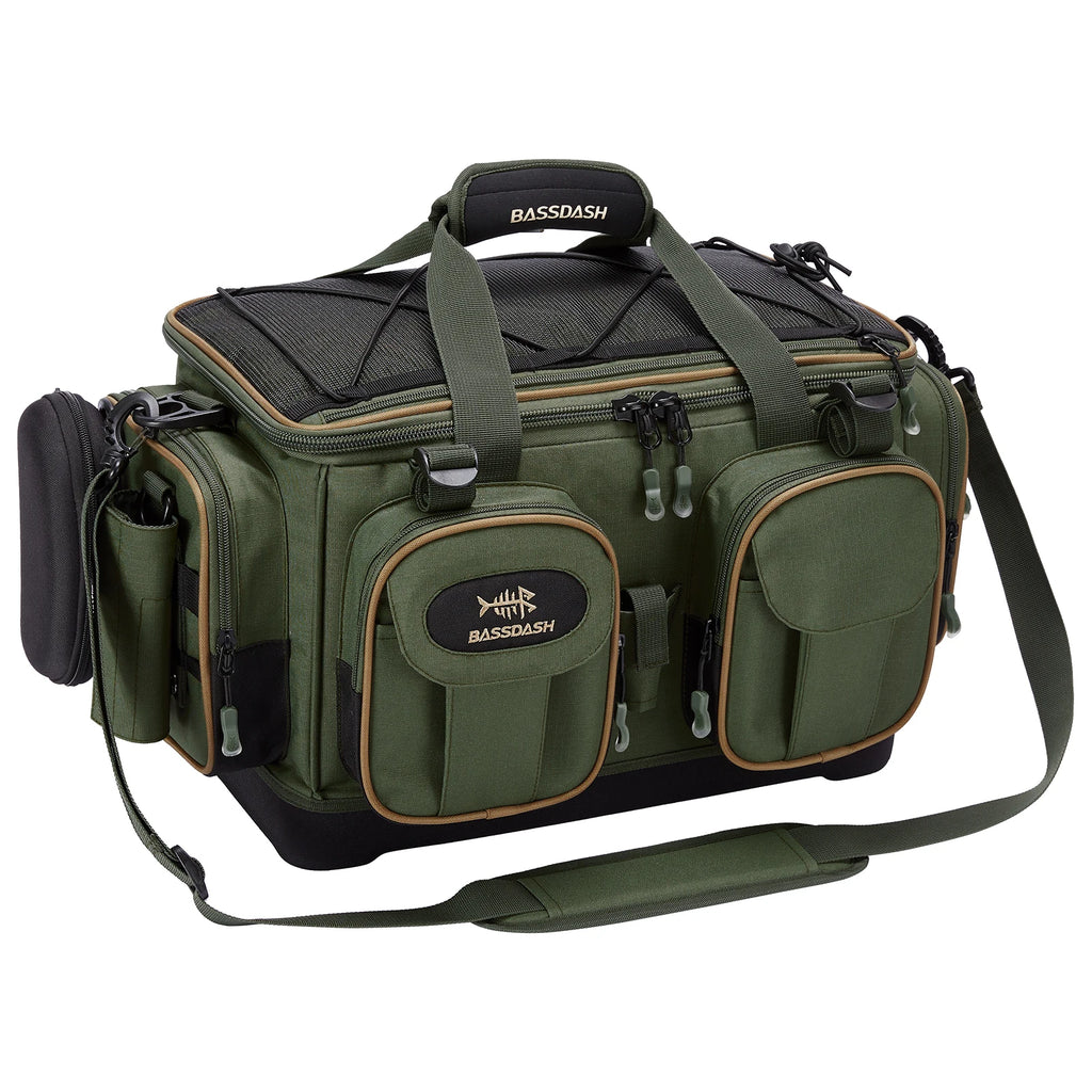 Bolsa de hombro BASSDASH para accesorios de pesca, ligera, resistente al agua, con funda protectora para lluvia y parte inferior moldeada rígida