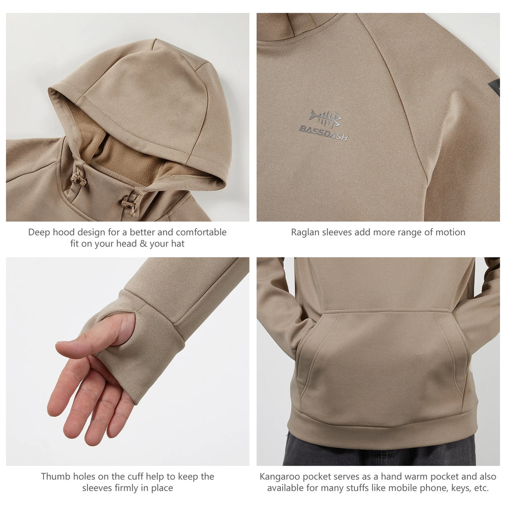BASSDASH Men’s Fleece Lined Fishing Hoodies Water Resistant Performance Pullover Sweatshirts Stretchy Hunting Workout Sweatshirt