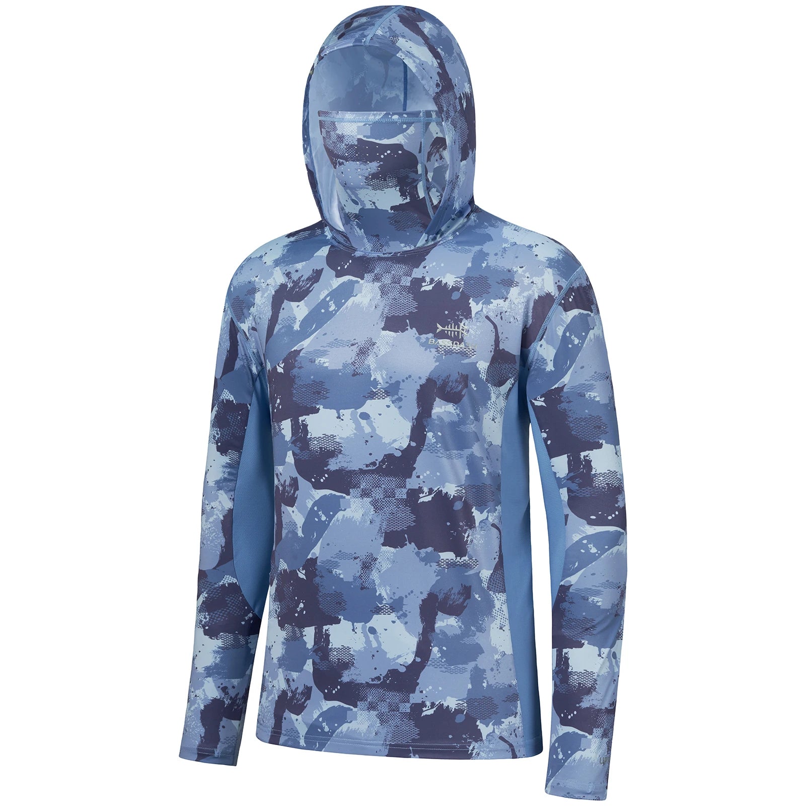 BASSDASH - Sudadera con capucha de manga larga para hombre, con protección solar, para pesca, senderismo, UPF 50+, camuflaje, con mascarilla y polaina ligera para el cuello