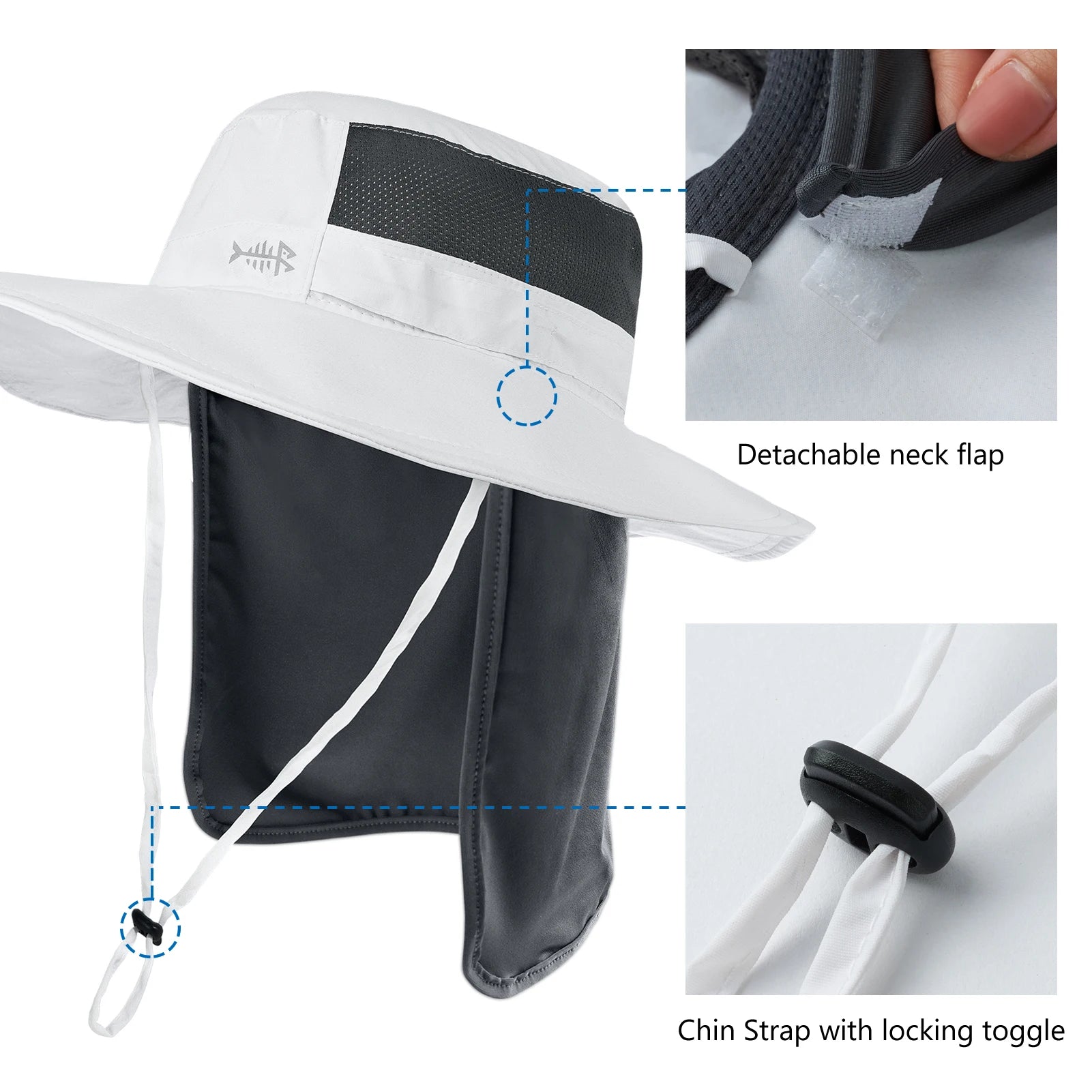Bassdash - Sombrero de pesca desmontable con protección solar UPF 50+, resistente al agua y con solapa de cuello desmontable, ideal para senderismo y acampada