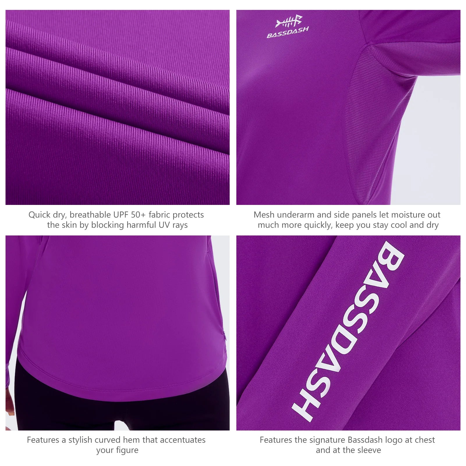 BASSDASH - Sudadera ligera de pesca con capucha y bolsillo para mujer, con protección solar UPF 50+, manga larga