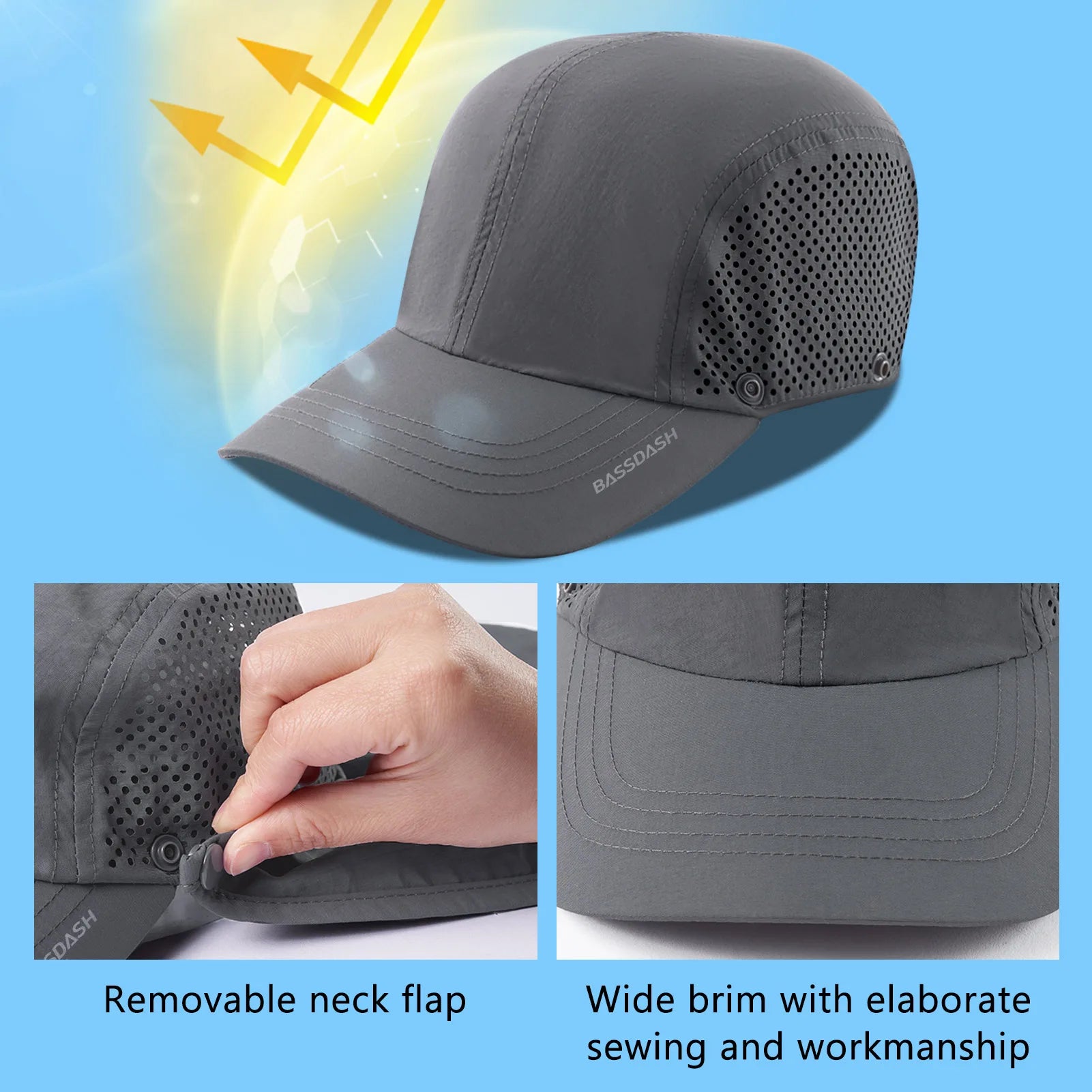 BASSDASH UPF 50+ Foldable Fishing Hat Baseball Cap with Removable Neck Flap Portable for Men Women Golf Hiking