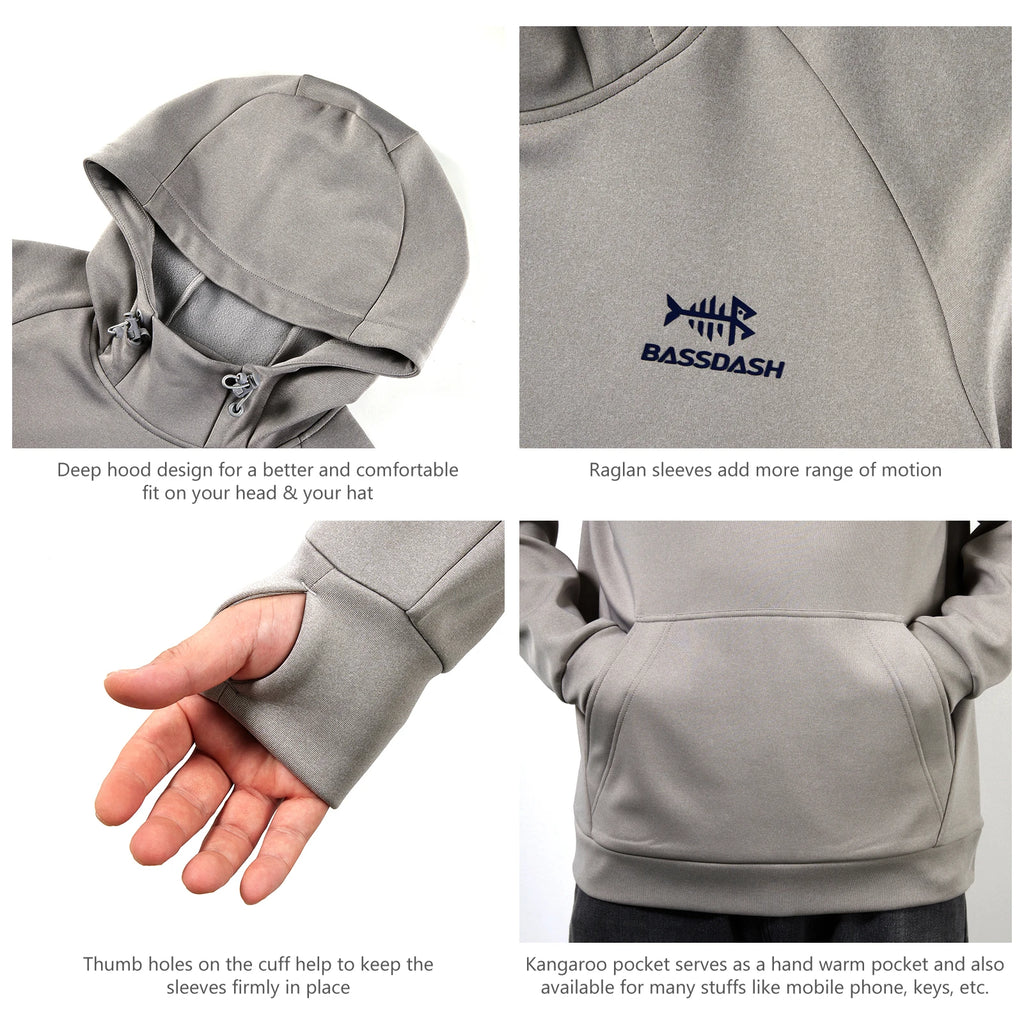 BASSDASH Men’s Fleece Lined Fishing Hoodies Water Resistant Performance Pullover Sweatshirts Stretchy Hunting Workout Sweatshirt