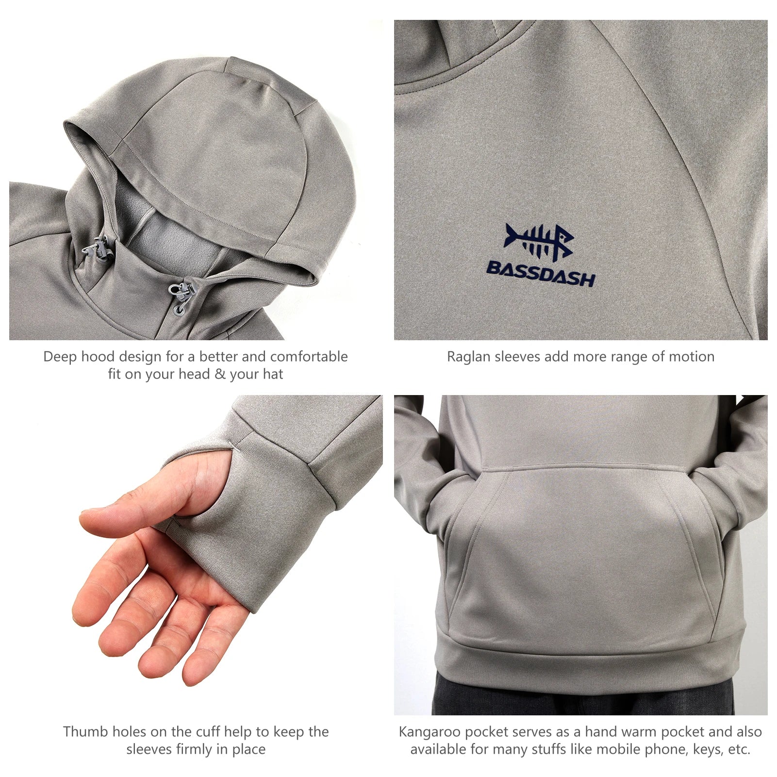 BASSDASH Men’s Fleece Lined Fishing Hoodies Water Resistant Performance Pullover Sweatshirts Stretchy Hunting Workout Sweatshirt