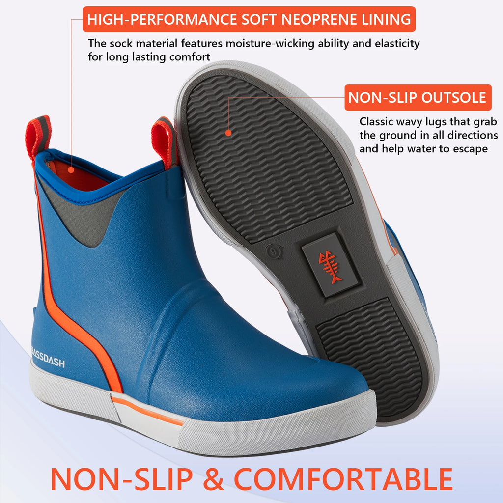 BASSDASH Men’s 6" Waterproof Deck Boots with Breathable Lining Anti-slip Neoprene Rubber Ankle Rain Boots for Fishing Boating