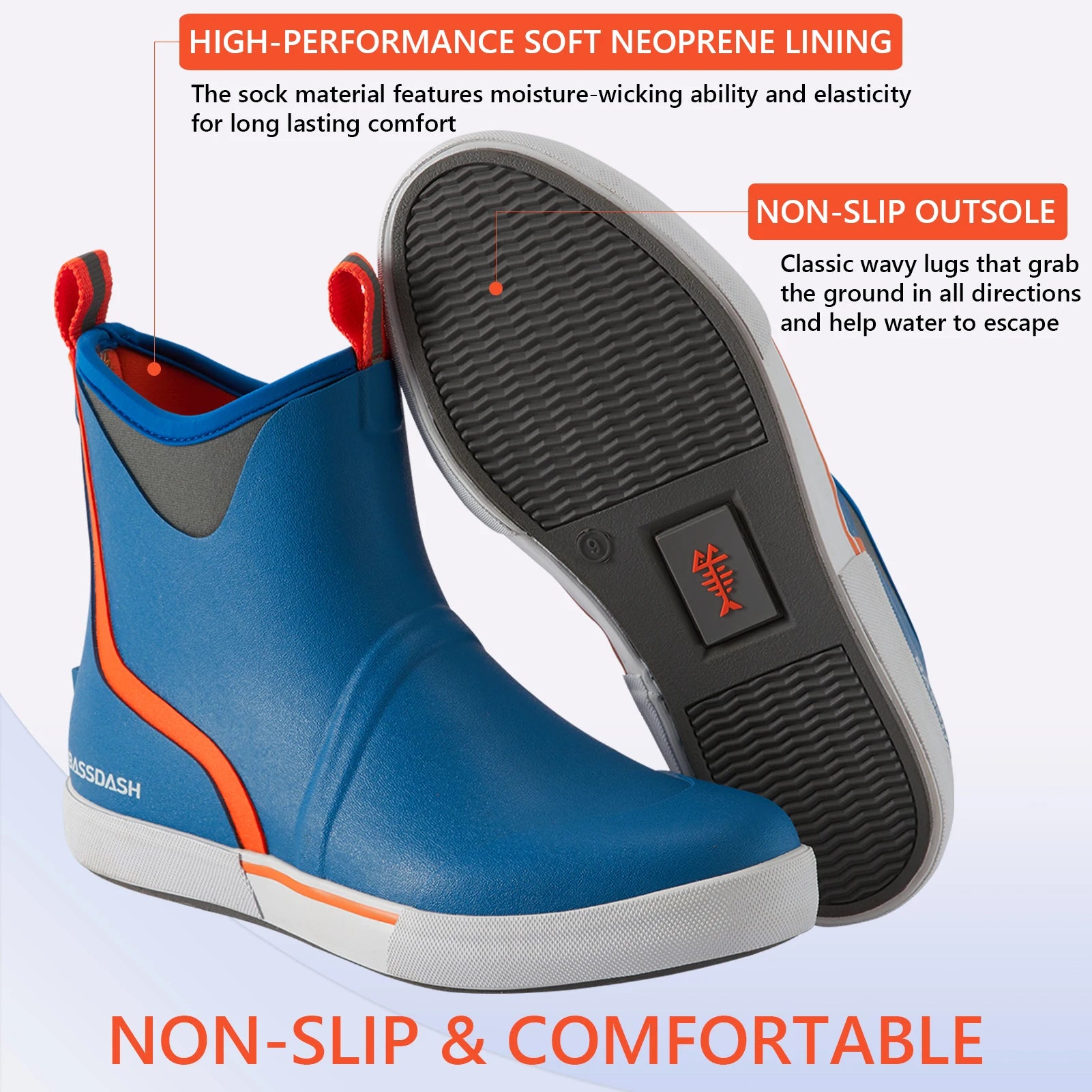 BASSDASH Men’s 6" Waterproof Deck Boots with Breathable Lining Anti-slip Neoprene Rubber Ankle Rain Boots for Fishing Boating
