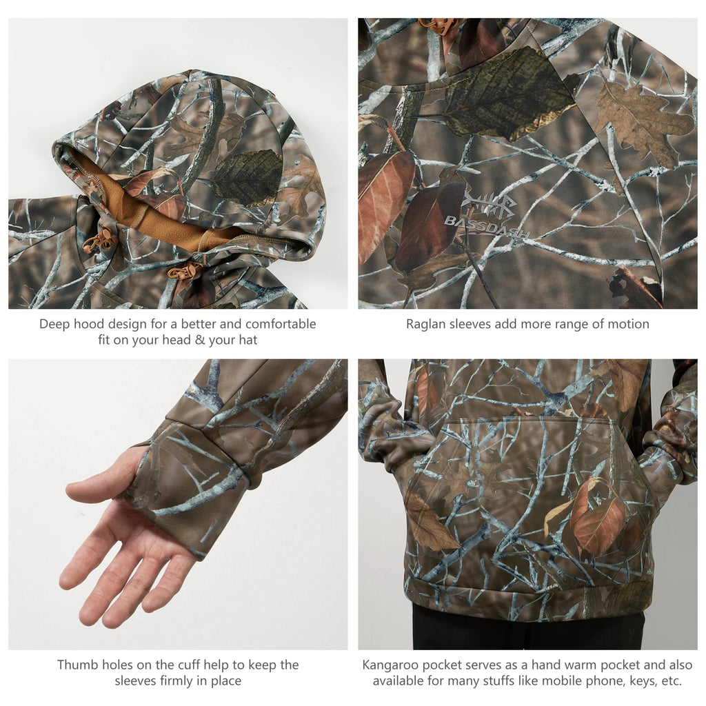 BASSDASH Men’s Fleece Lined Fishing Hoodies Water Resistant Performance Pullover Sweatshirts Stretchy Hunting Workout Sweatshirt