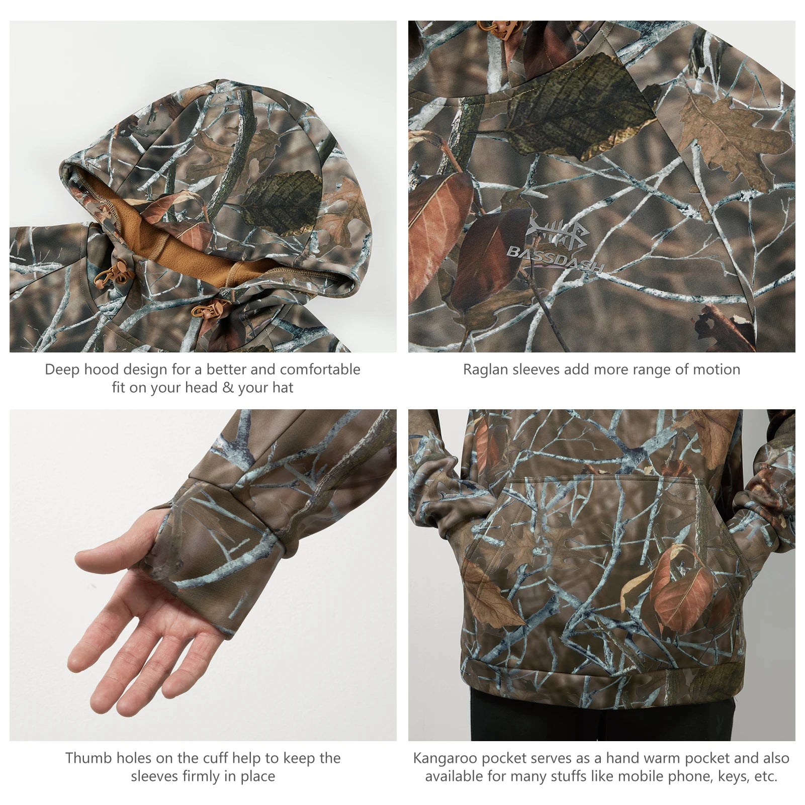 BASSDASH Men’s Fleece Lined Fishing Hoodies Water Resistant Performance Pullover Sweatshirts Stretchy Hunting Workout Sweatshirt