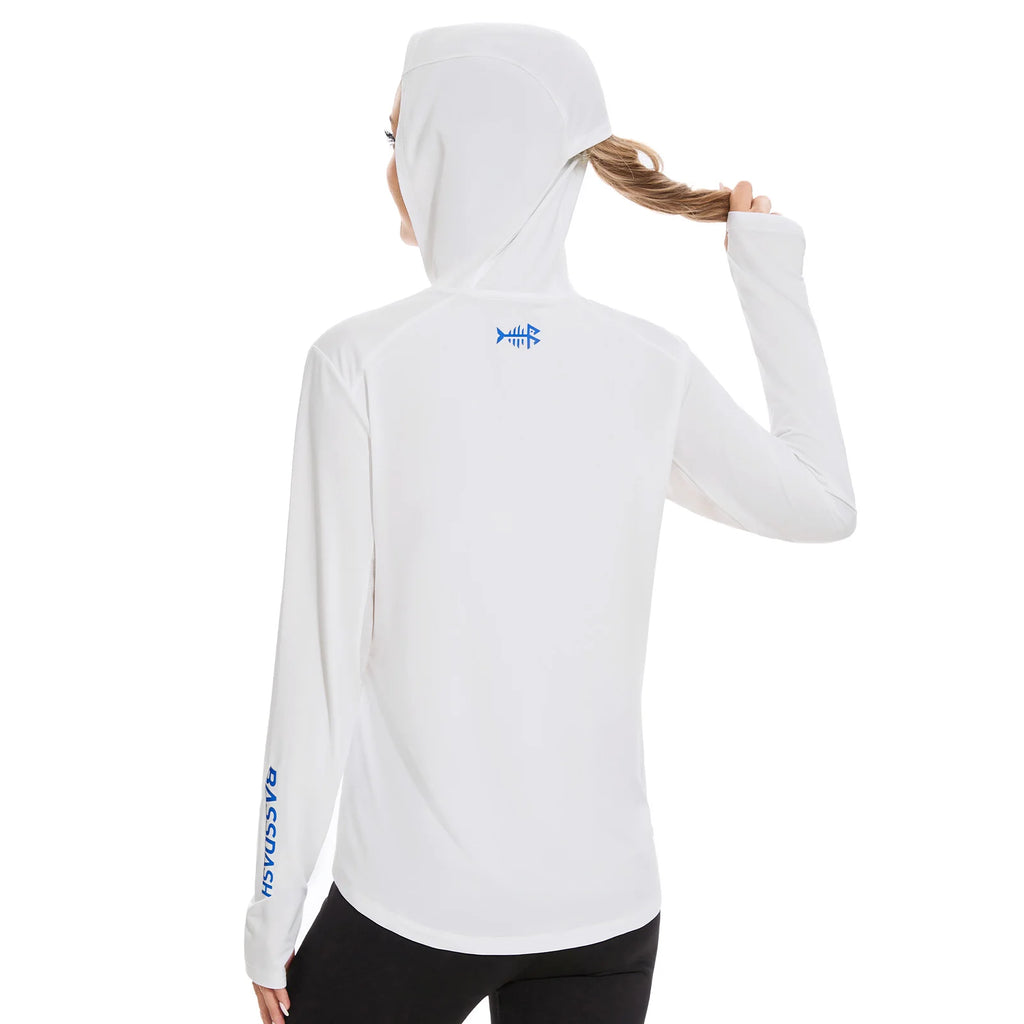 BASSDASH - Sudadera ligera de pesca con capucha y bolsillo para mujer, con protección solar UPF 50+, manga larga