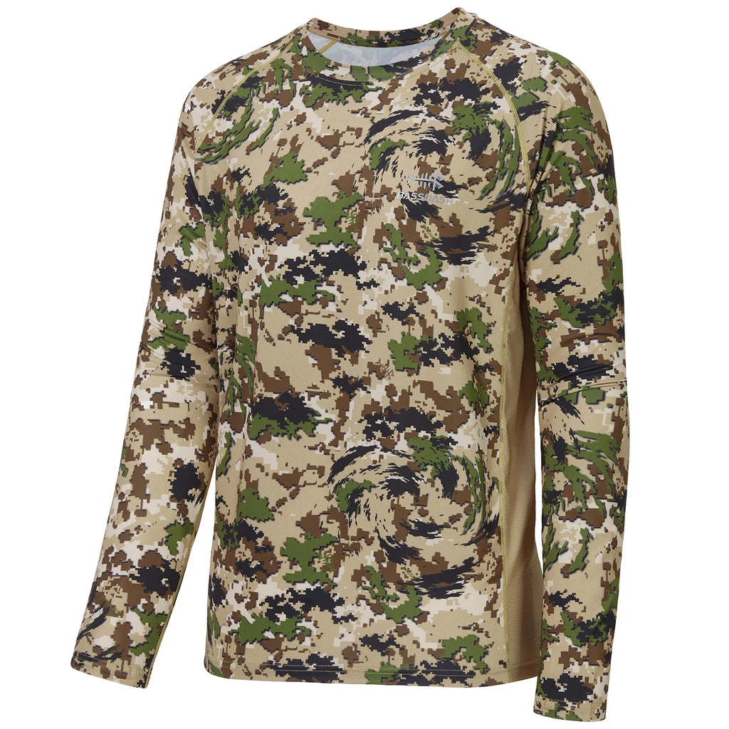 Camisa de manga larga Bassdash para hombre, de camuflaje para caza, rendimiento para pesca, sudadera con camuflaje, musgo, madera, juncos, bosque SD1