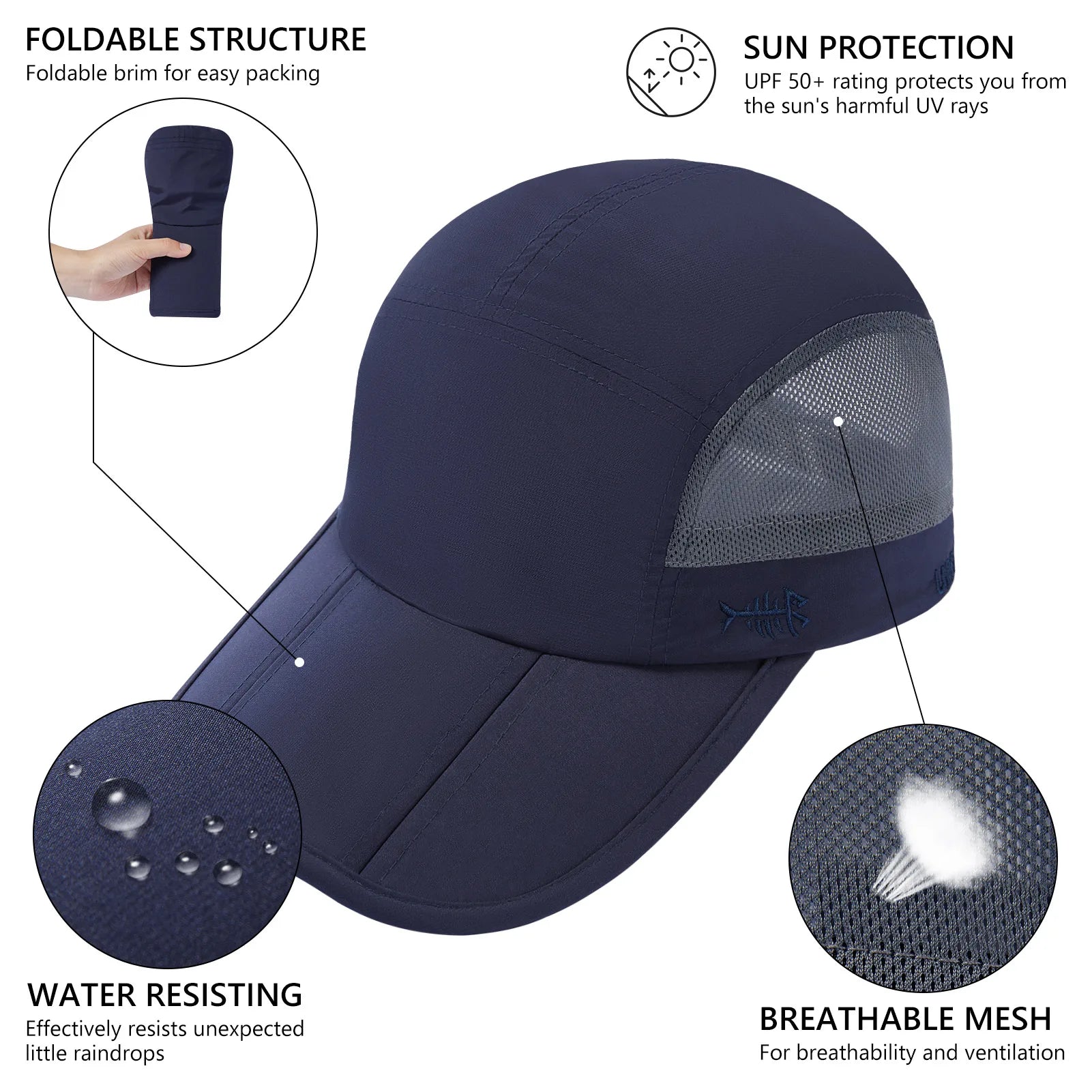 Gorra de béisbol plegable BASSDASH para pesca, resistente al agua UPF 50+, portátil, para exteriores, para mujeres y hombres, para senderismo, ajustable
