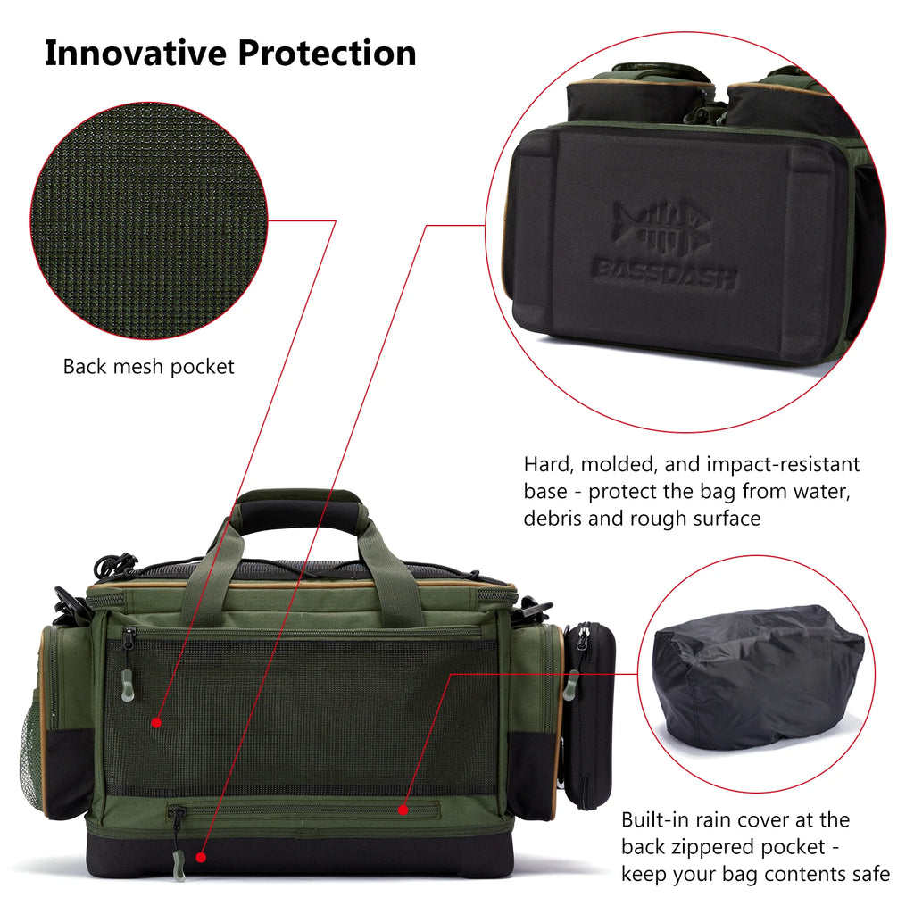 Bolsa de hombro BASSDASH para accesorios de pesca, ligera, resistente al agua, con funda protectora para lluvia y parte inferior moldeada rígida