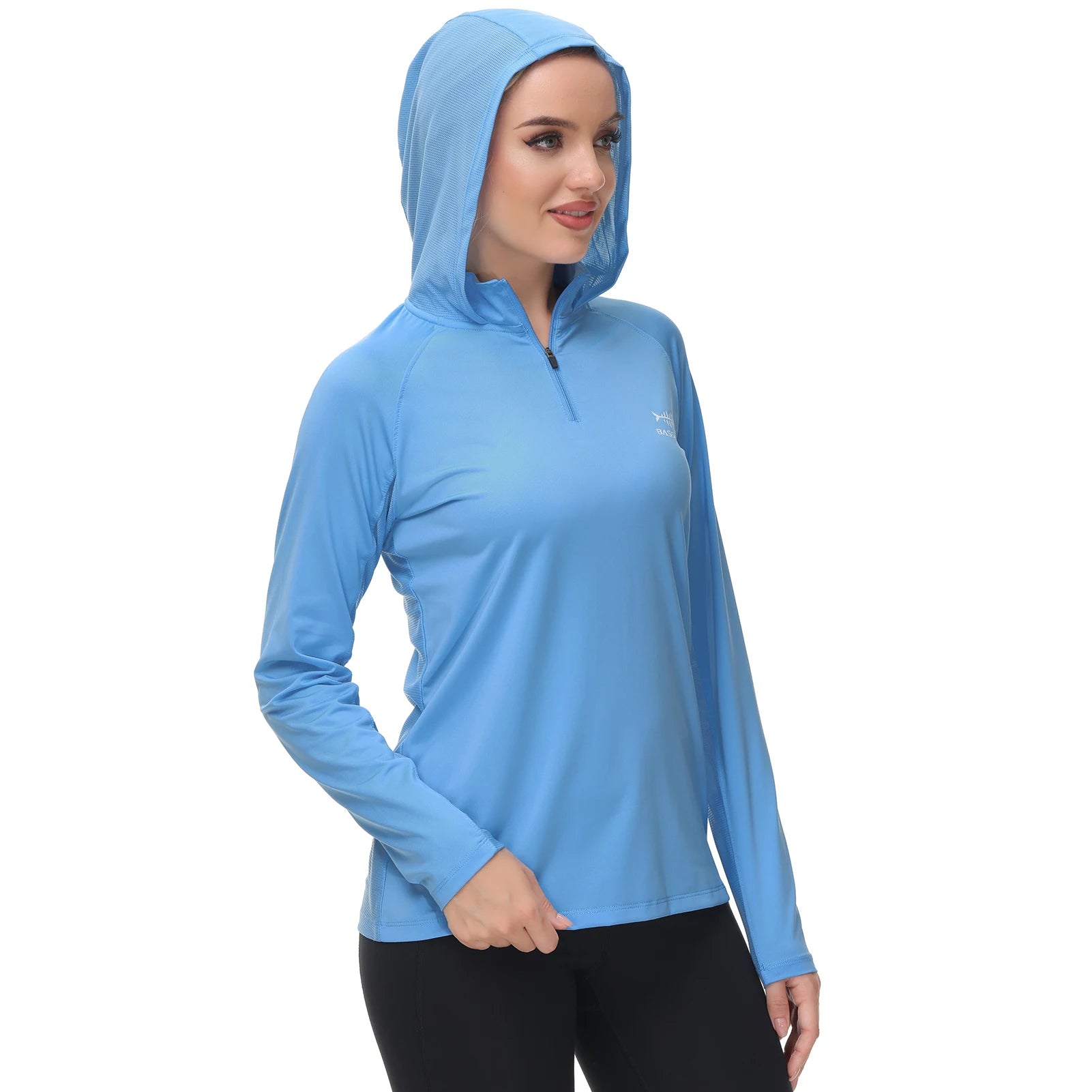 Camiseta Bassdash de manga larga con capucha y media cremallera para mujer, con protección UV UPF 50+, ideal para pesca y senderismo