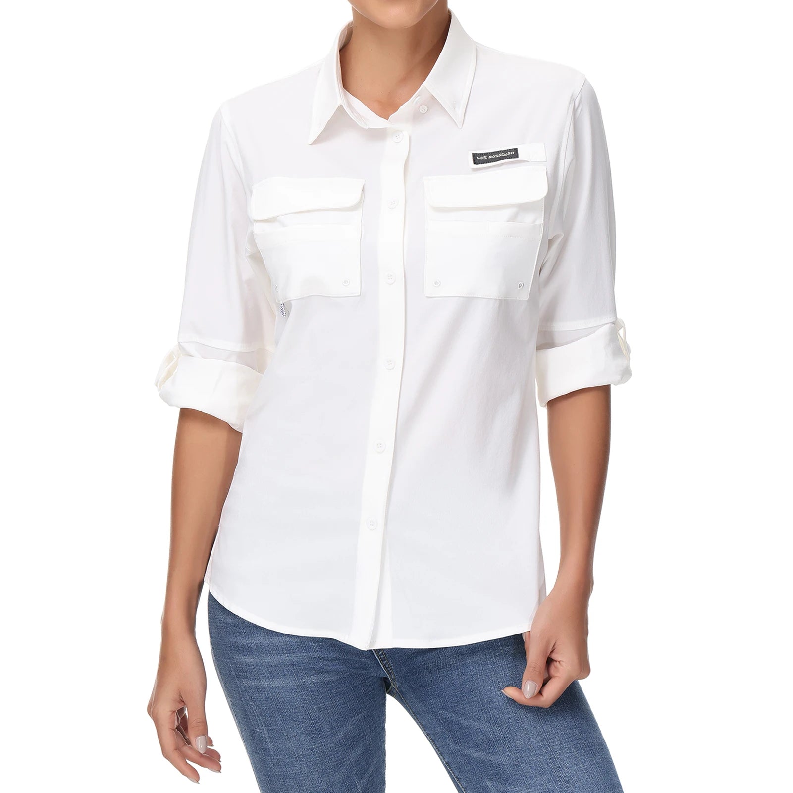 BASSDASH Camisa de pesca de manga larga para mujer, lisa, con botones, multibolsillos, transpirable, de secado rápido, UPF 50, prenda exterior superior
