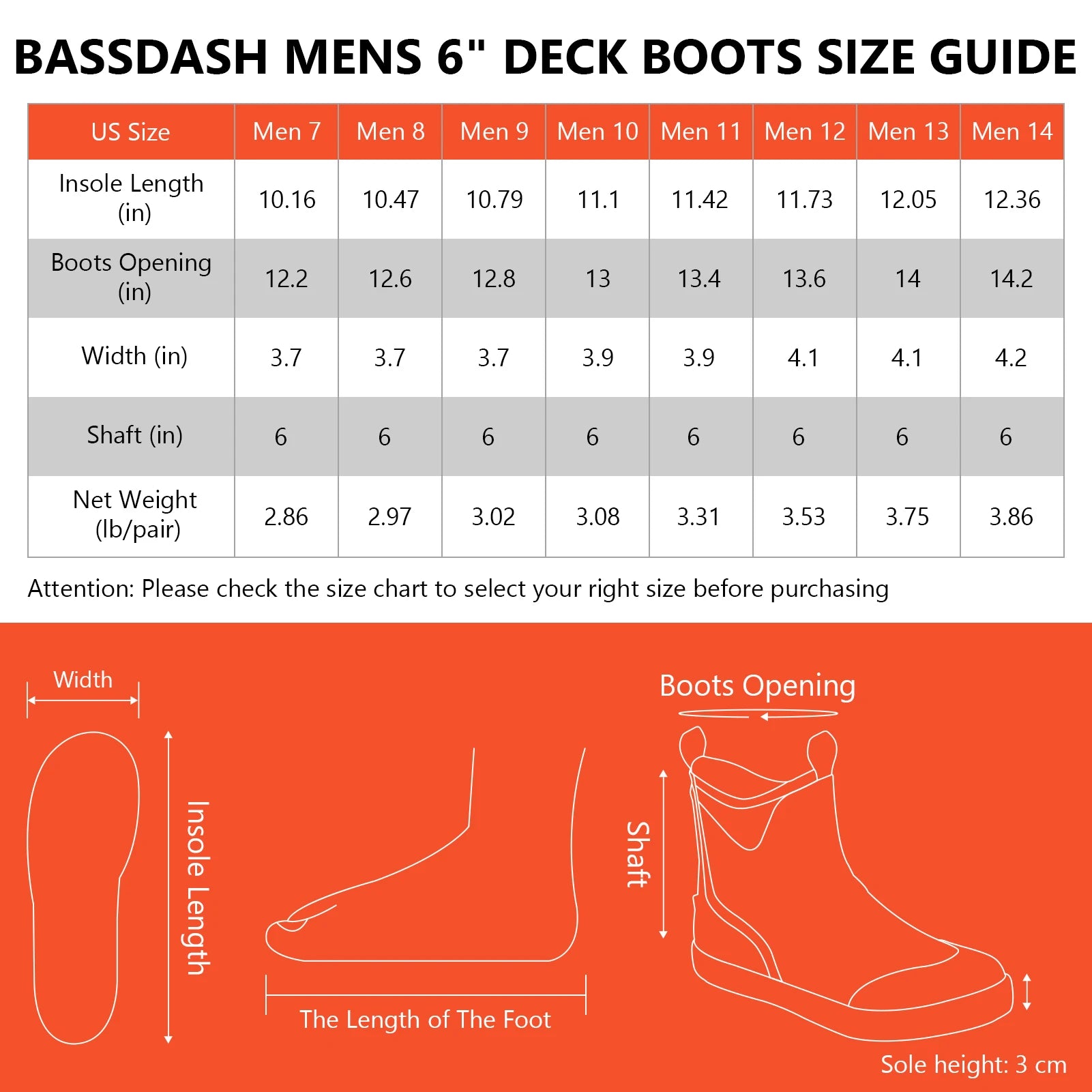 BASSDASH Men’s 6" Waterproof Deck Boots with Breathable Lining Anti-slip Neoprene Rubber Ankle Rain Boots for Fishing Boating