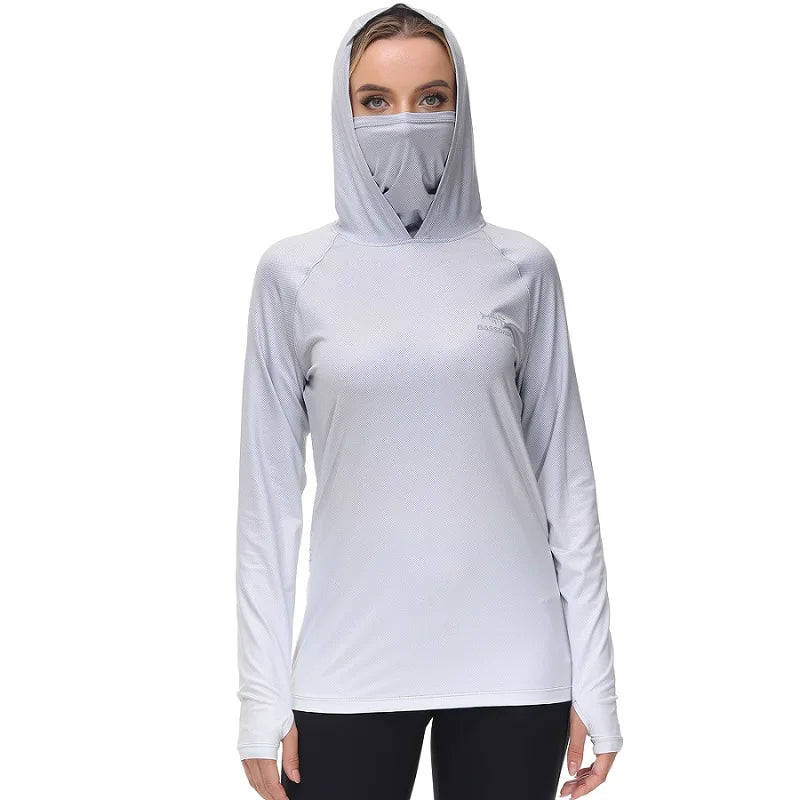 Sudadera con capucha de pesca Bassdash para mujer con protección solar UPF 50+ y orificios para los pulgares para la mascarilla