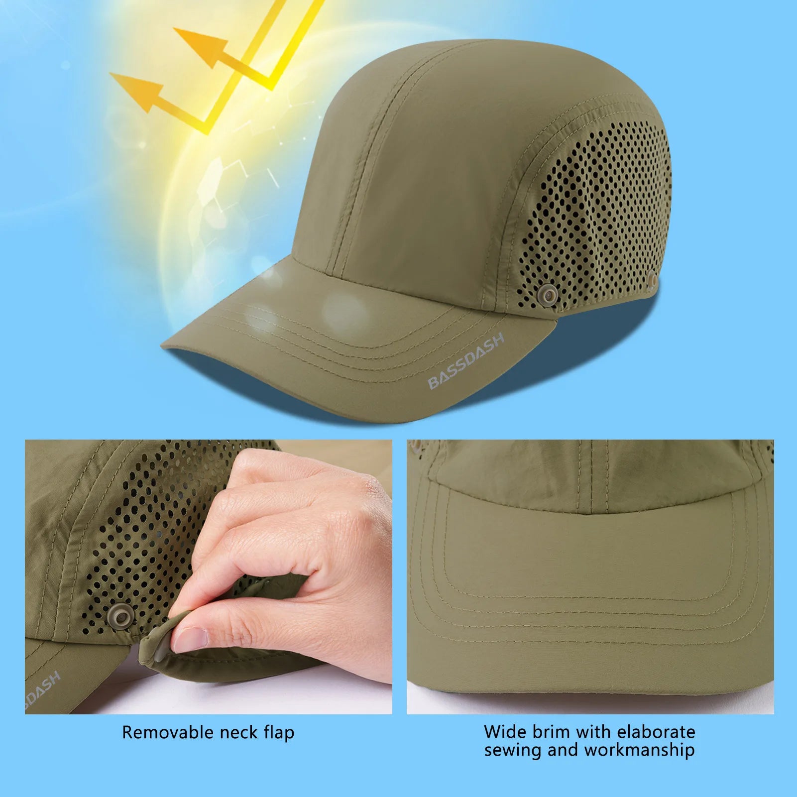 BASSDASH UPF 50+ Foldable Fishing Hat Baseball Cap with Removable Neck Flap Portable for Men Women Golf Hiking