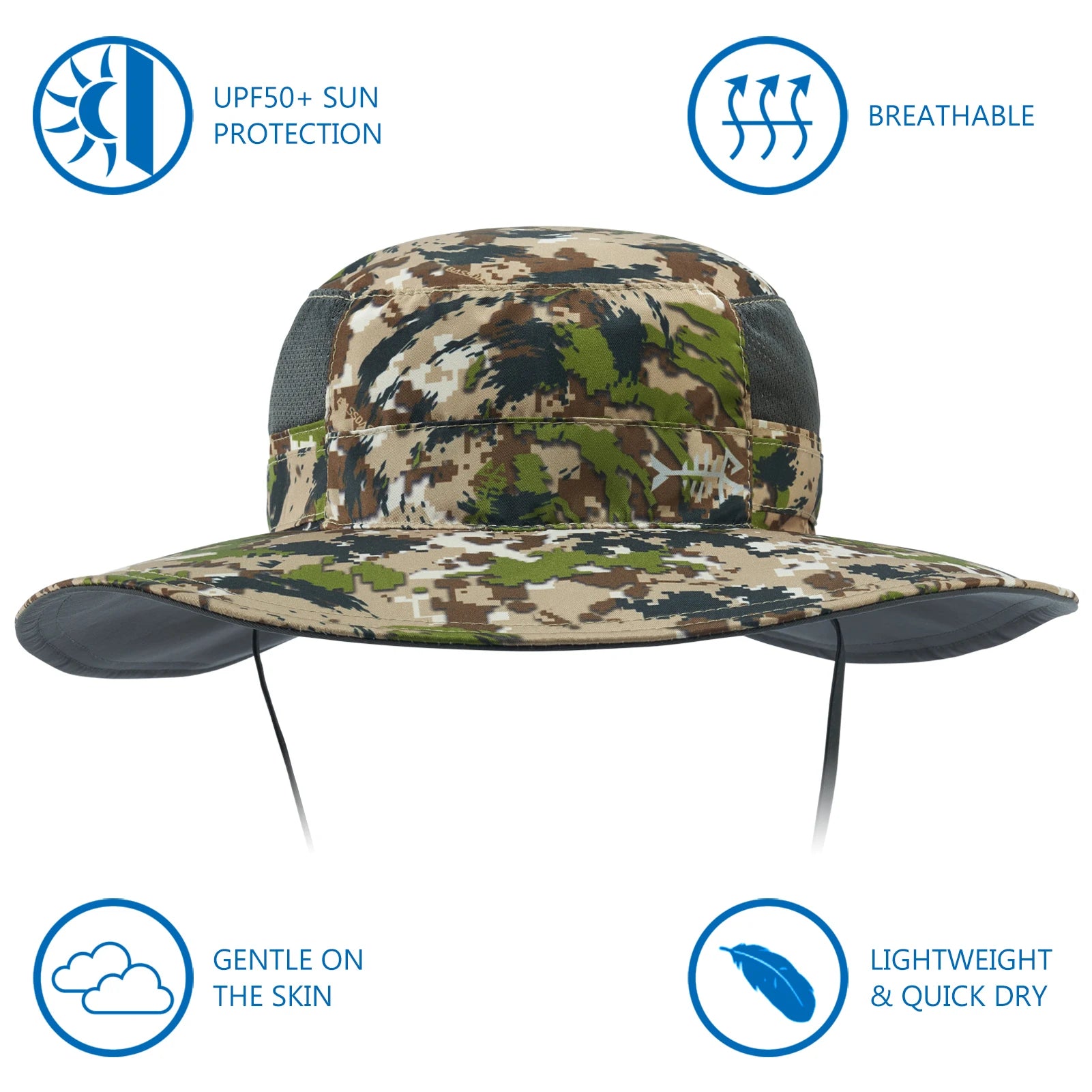 Bassdash - Sombrero de pesca desmontable con protección solar UPF 50+, resistente al agua y con solapa de cuello desmontable, ideal para senderismo y acampada