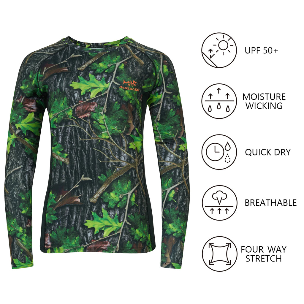 Camisa de caza de camuflaje Bassdash para mujer, manga larga, protección solar UPF 50+, rendimiento, pesca, senderismo